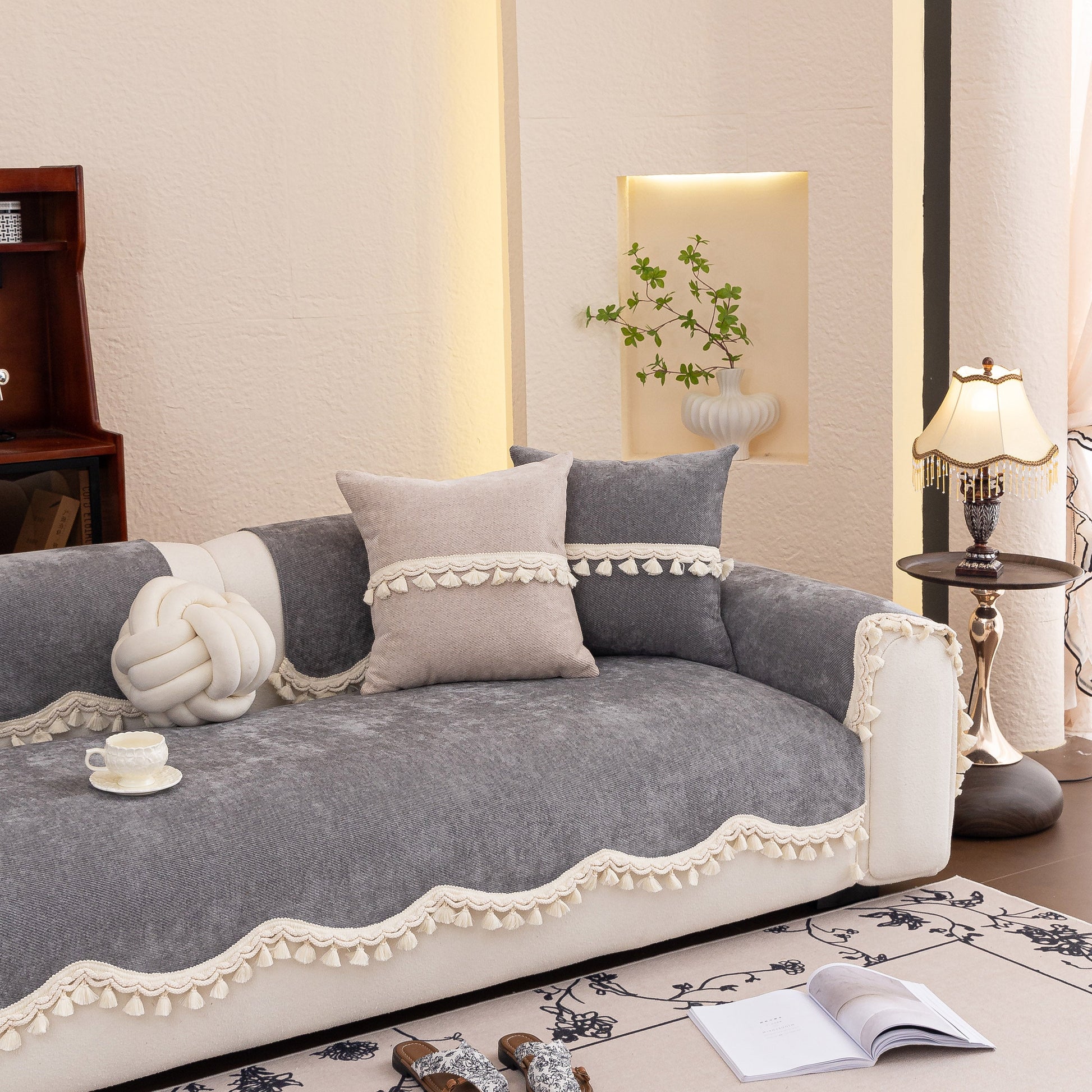 Chenille Sofa Cover Towel – Non-Slip, Washable Pets Couch Protector with Tassels in elegant living room setting