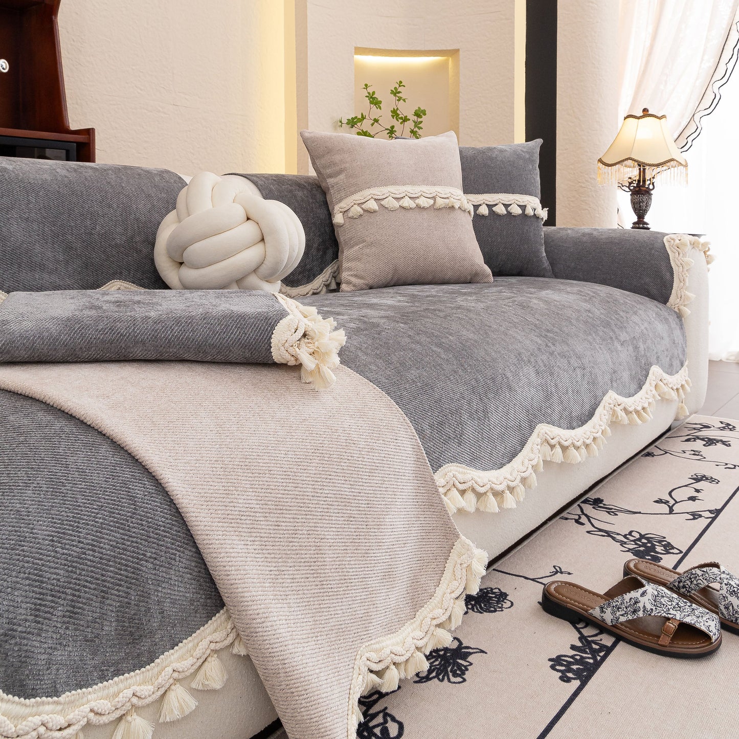 Chenille Sofa Cover Towel – Non-Slip, Washable Pets Couch Protector with Tassels in an elegant living room setting