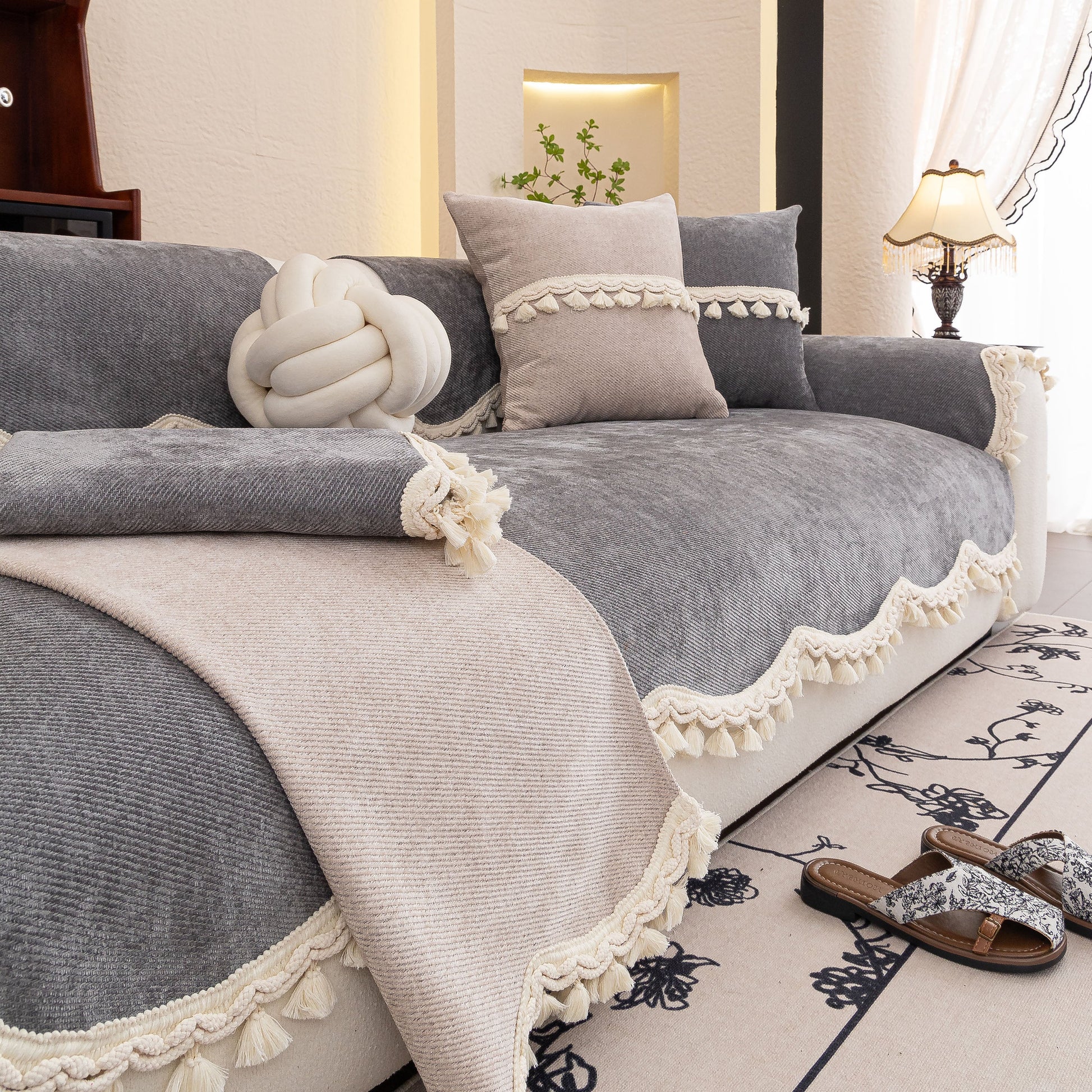 Chenille Sofa Cover Towel – Non-Slip, Washable Pets Couch Protector with Tassels in an elegant living room setting