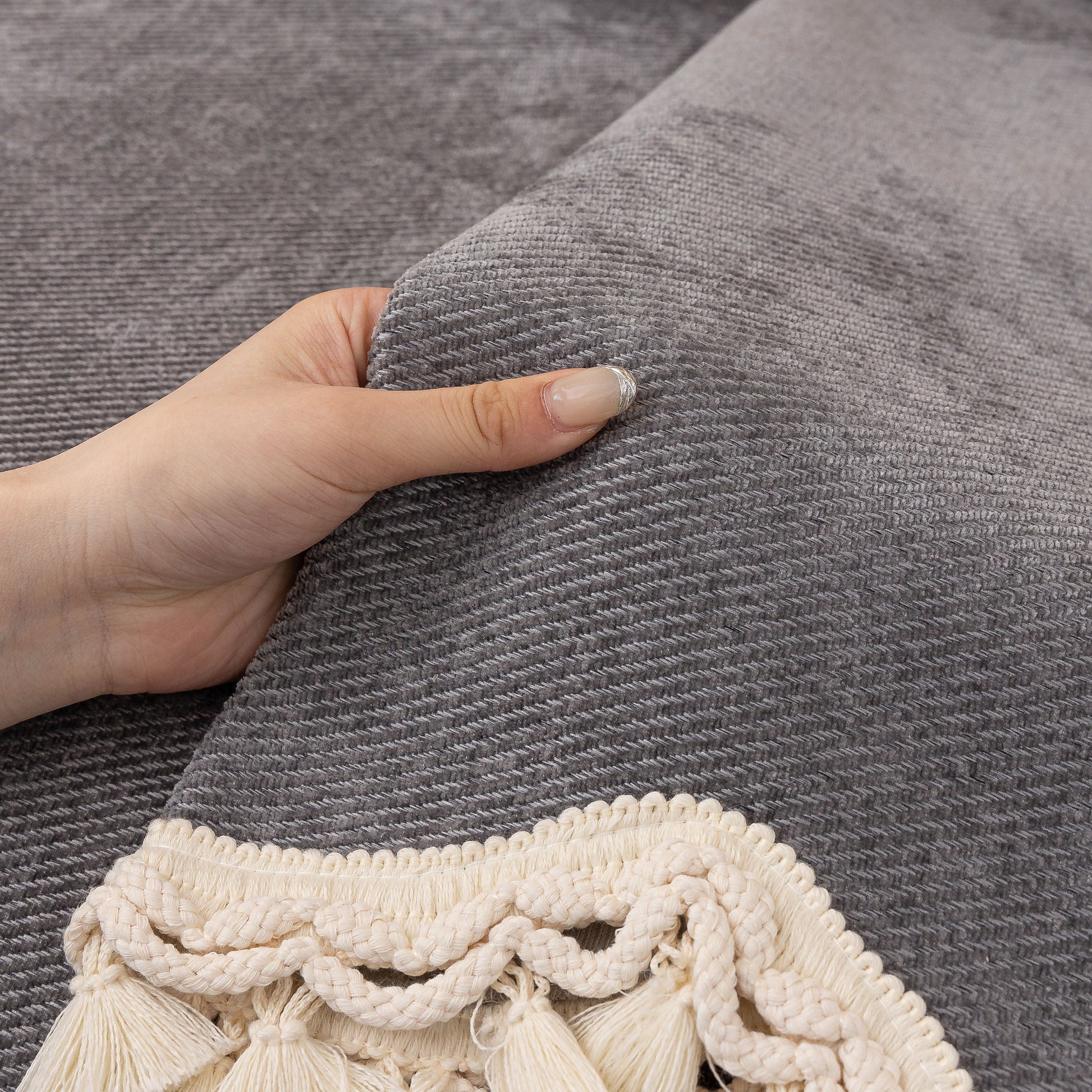 Chenille Sofa Cover Towel – Non-Slip, Washable Pets Couch Protector with Tassels in gray with ivory trim and tassels