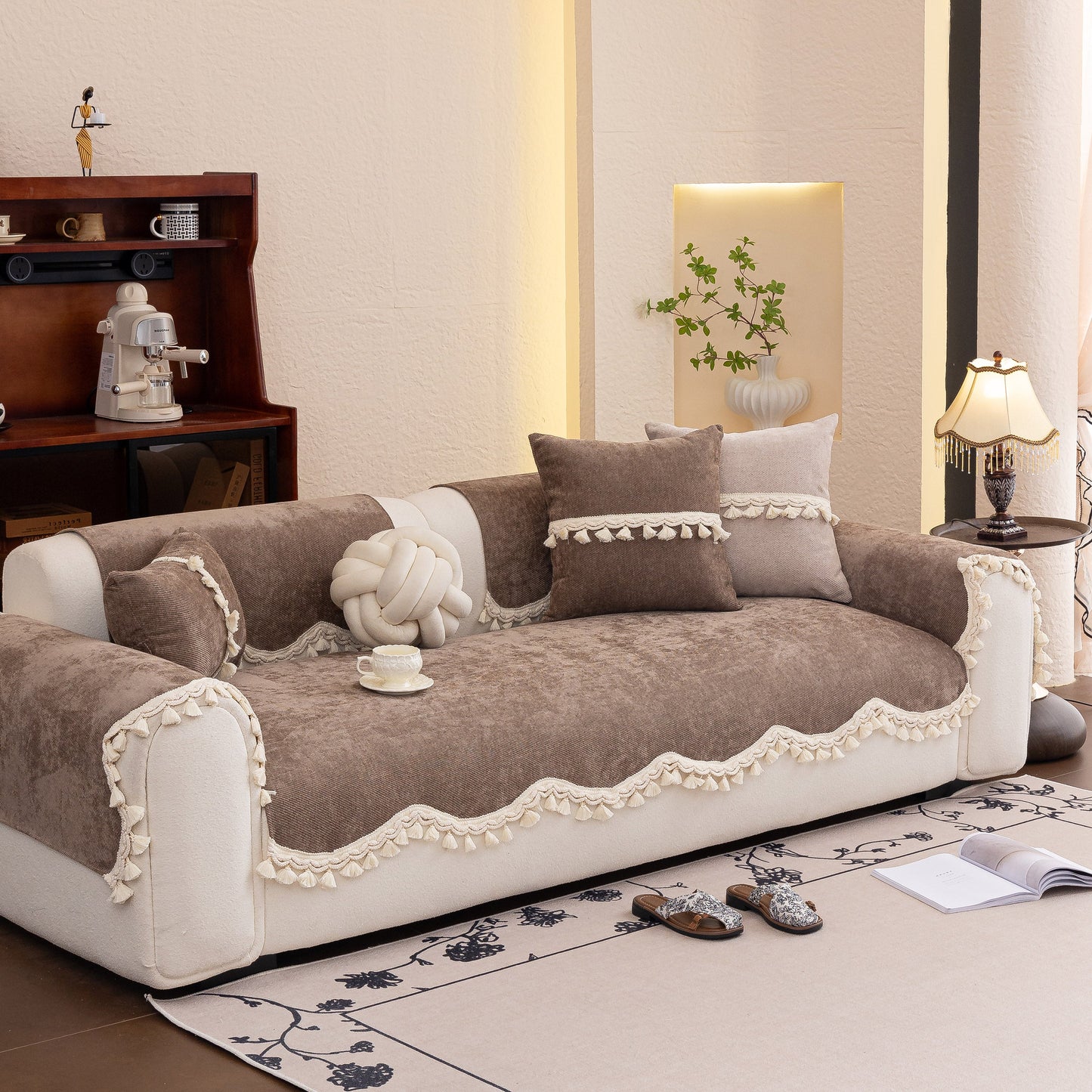 Chenille Sofa Cover Towel – Non-Slip, Washable Pets Couch Protector with Tassels on a modern sofa in a cozy living room setting.