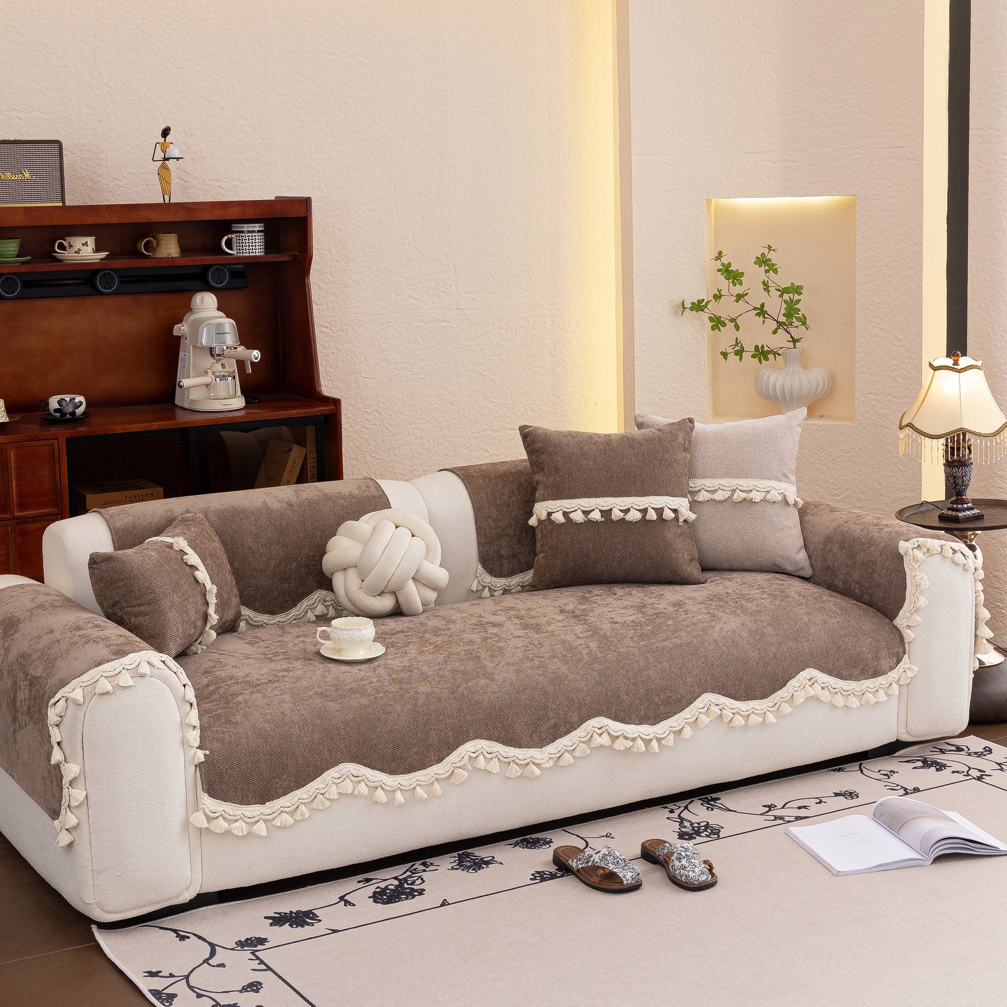 Chenille Sofa Cover Towel – Non-Slip, Washable Pets Couch Protector with Tassels on elegant chenille sofa with pillows.