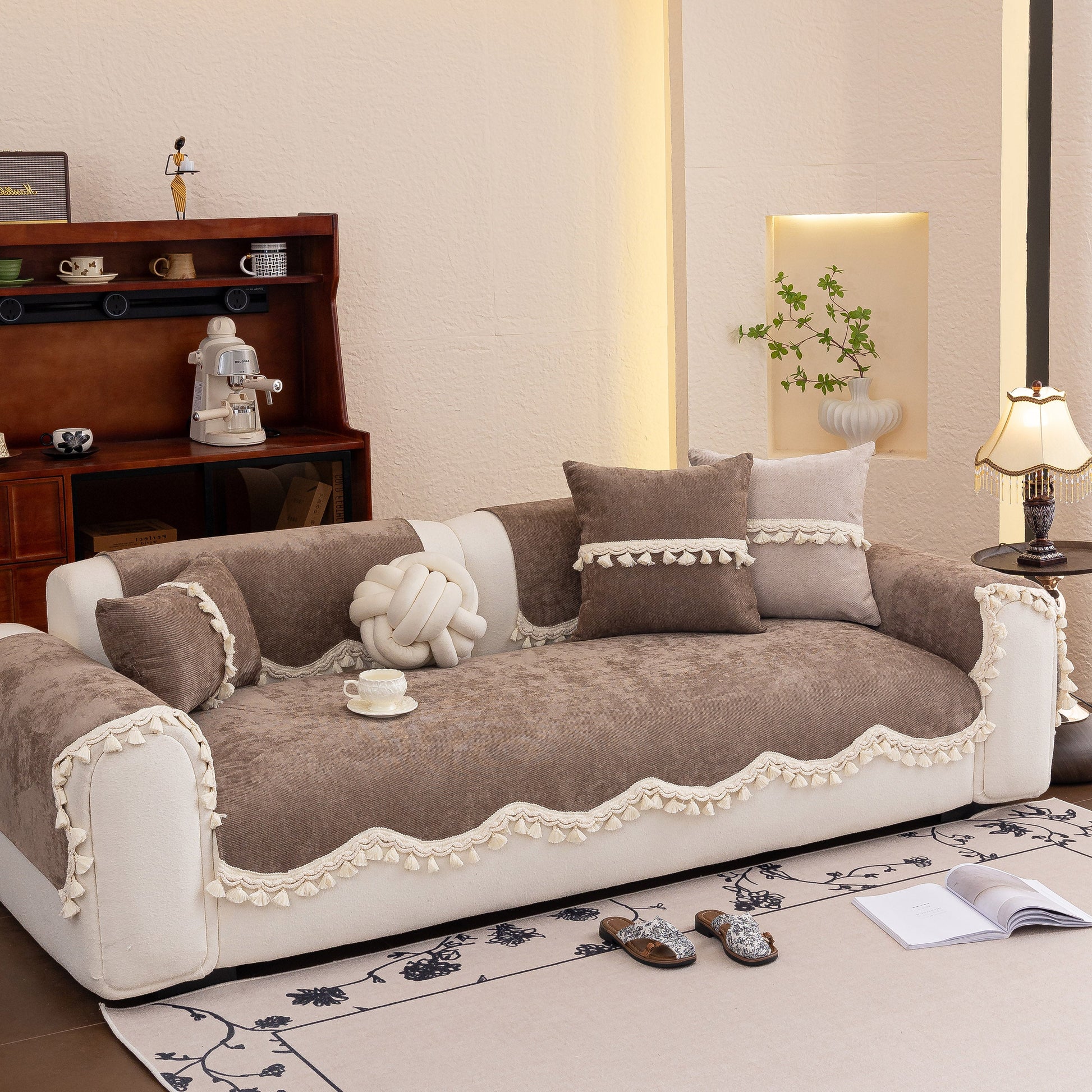 Chenille Sofa Cover Towel – Non-Slip, Washable Pets Couch Protector with Tassels on elegant chenille sofa with pillows.
