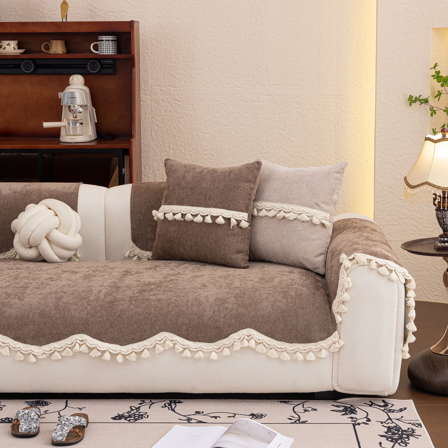 Chenille Sofa Cover Towel – Non-Slip, Washable Pets Couch Protector with Tassels displayed on a modern couch in living room setting