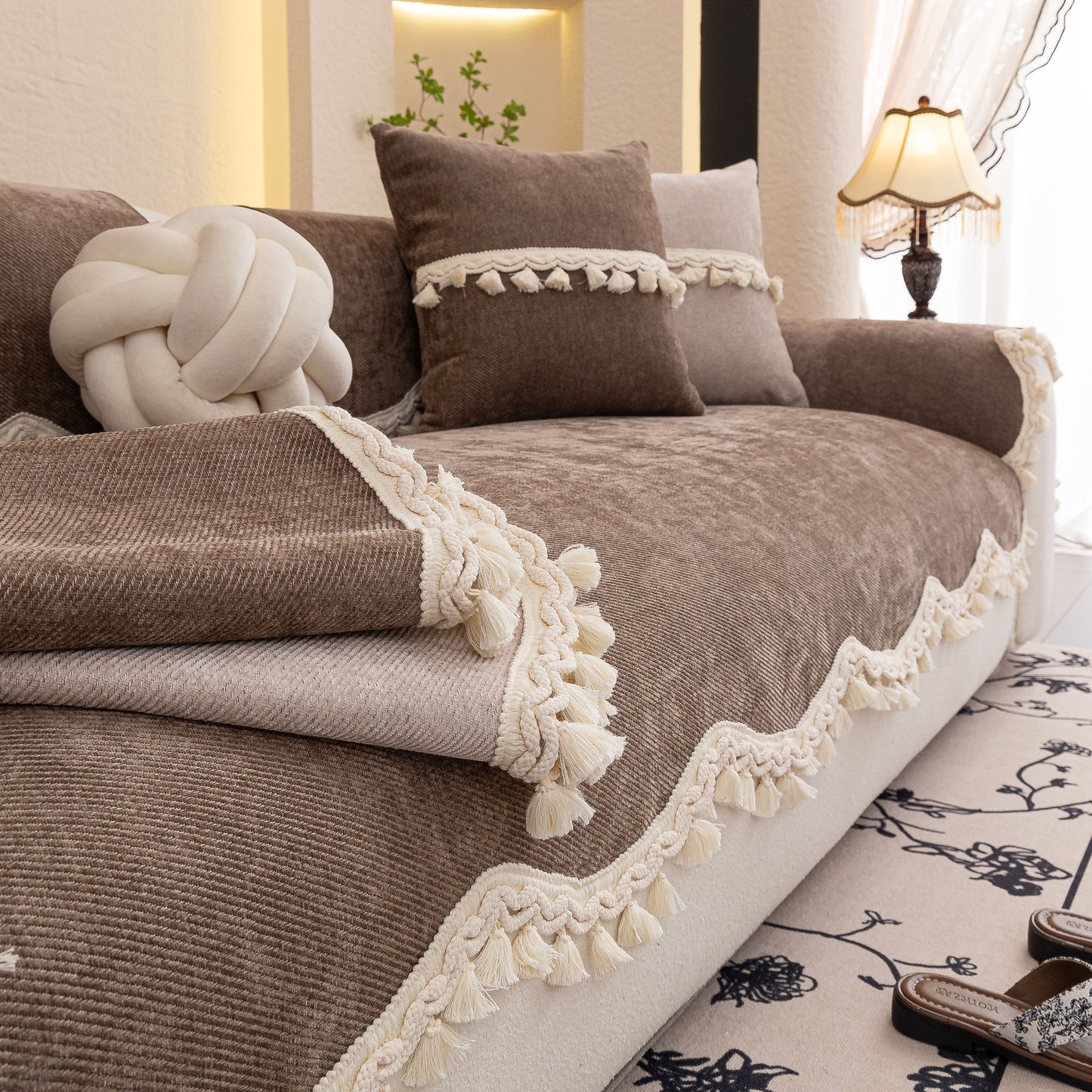 Chenille Sofa Cover Towel – Non-Slip, Washable Pets Couch Protector with Tassels in elegant living room setting