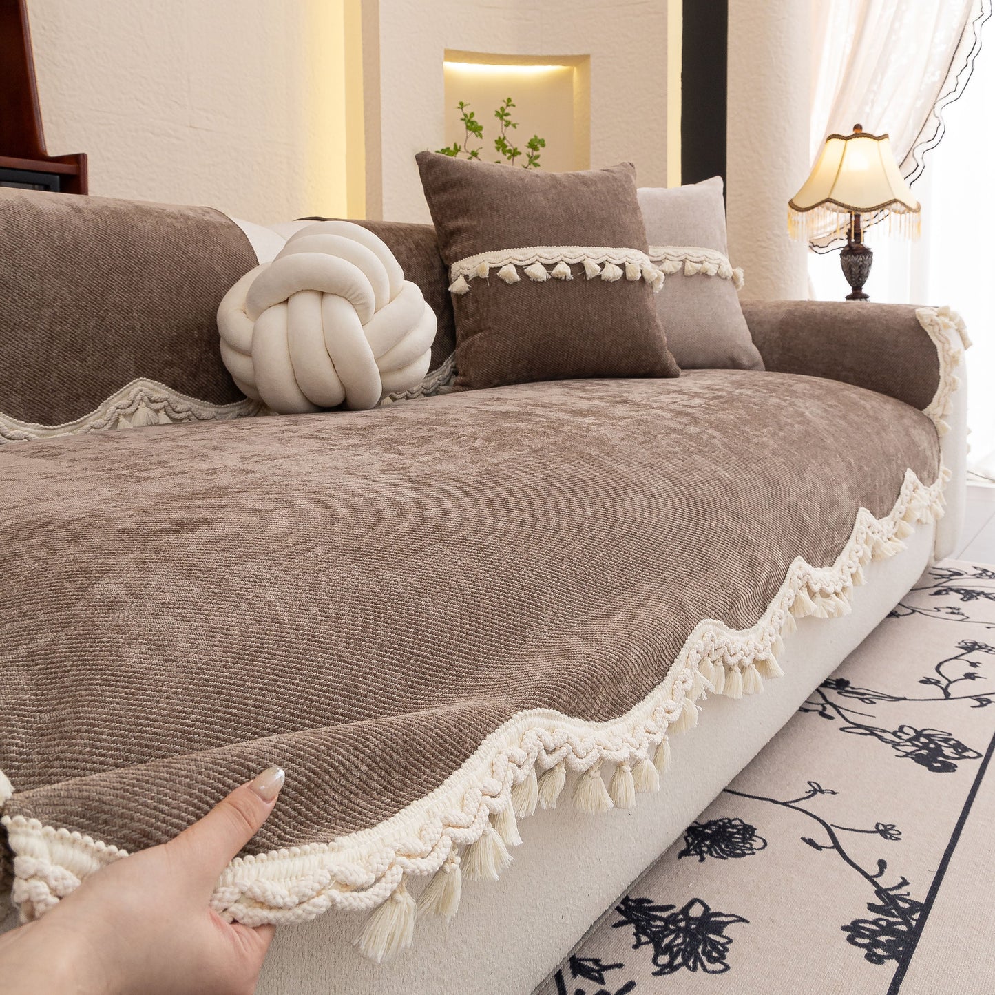 Chenille Sofa Cover Towel – Non-Slip, Washable Pets Couch Protector with Tassels in living room setting