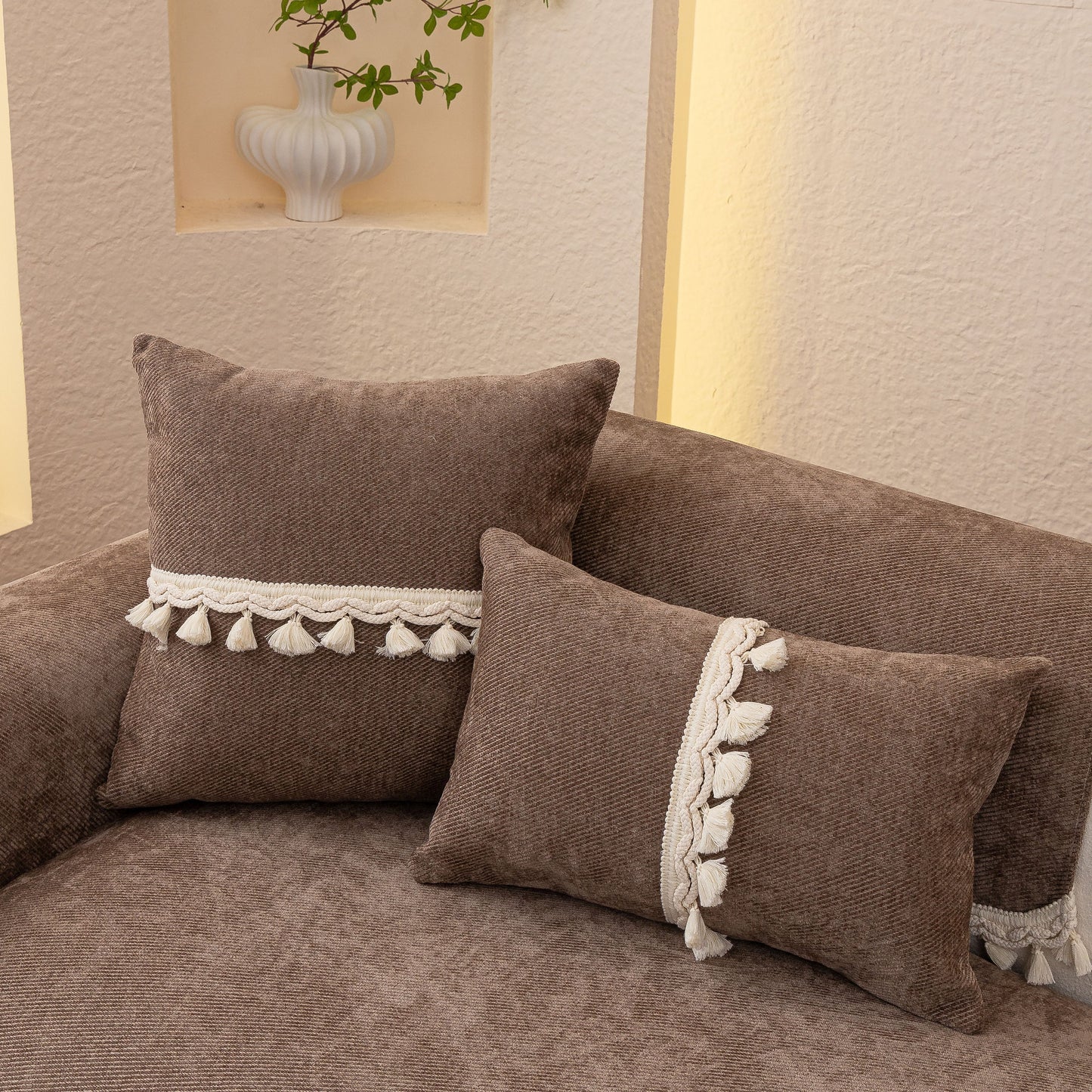 Chenille Sofa Cover Towel – Non-Slip, Washable Pets Couch Protector with Tassels in soft chenille fabric and ivory braided trim.