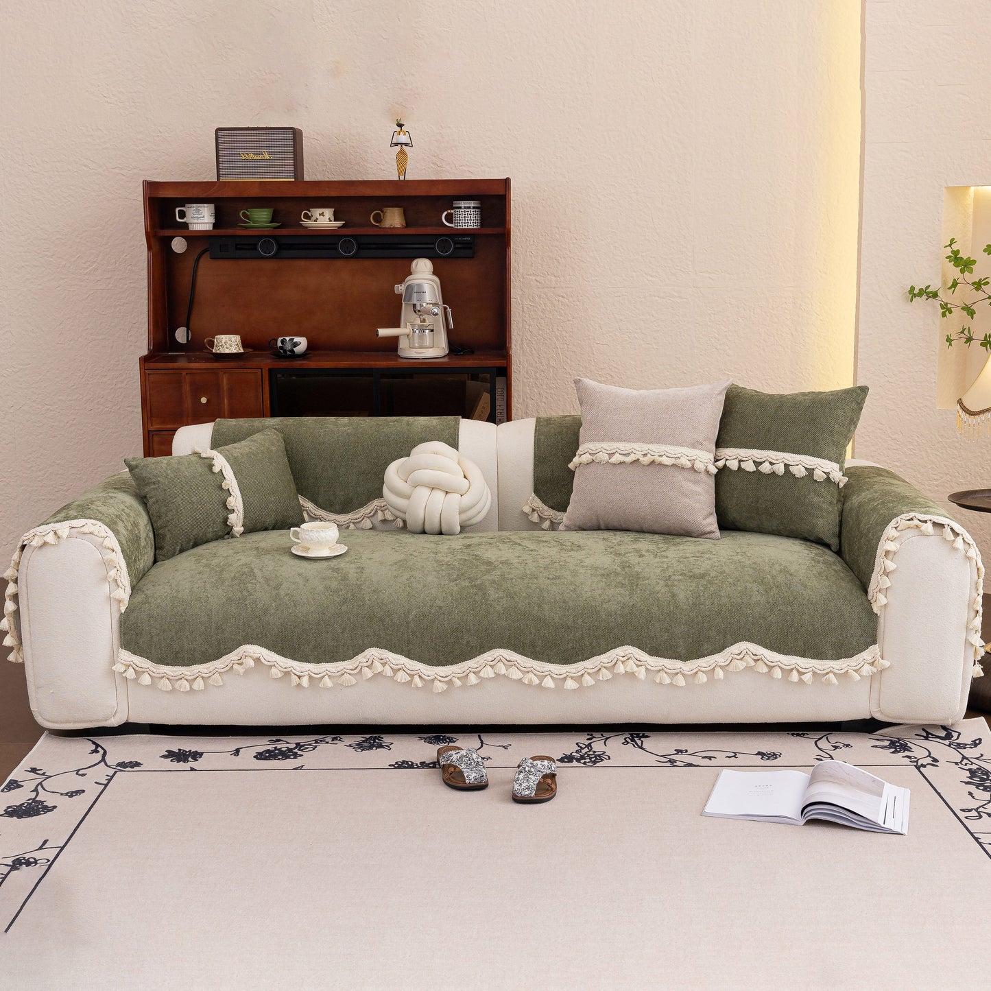 Chenille Sofa Cover Towel – Non-Slip, Washable Pets Couch Protector with Tassels on a modern sofa in a cozy living room.