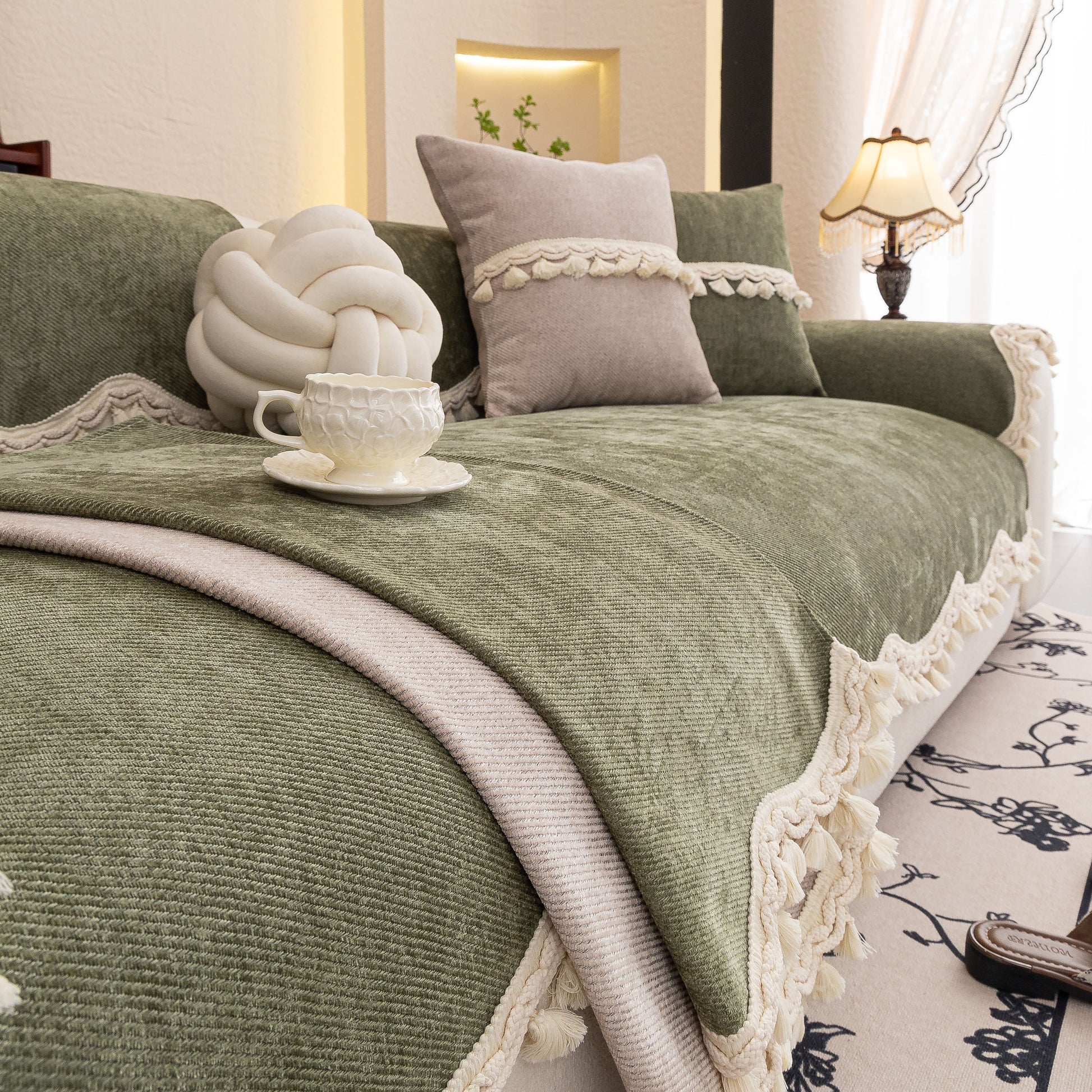 Chenille Sofa Cover Towel – Non-Slip, Washable Pets Couch Protector with Tassels on elegant living room sofa