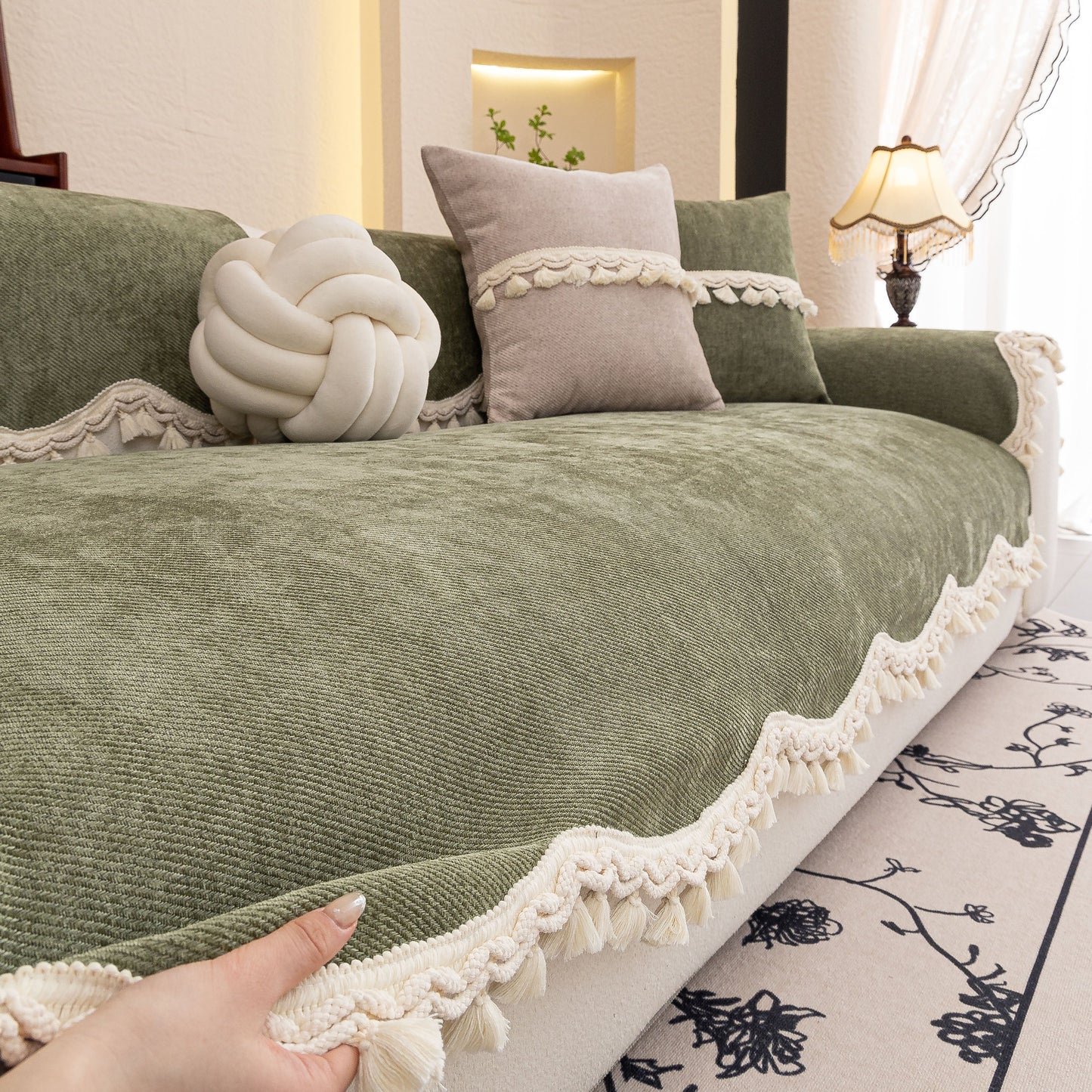 Chenille Sofa Cover Towel – Non-Slip, Washable Pets Couch Protector with Tassels on a living room couch, featuring tassel details