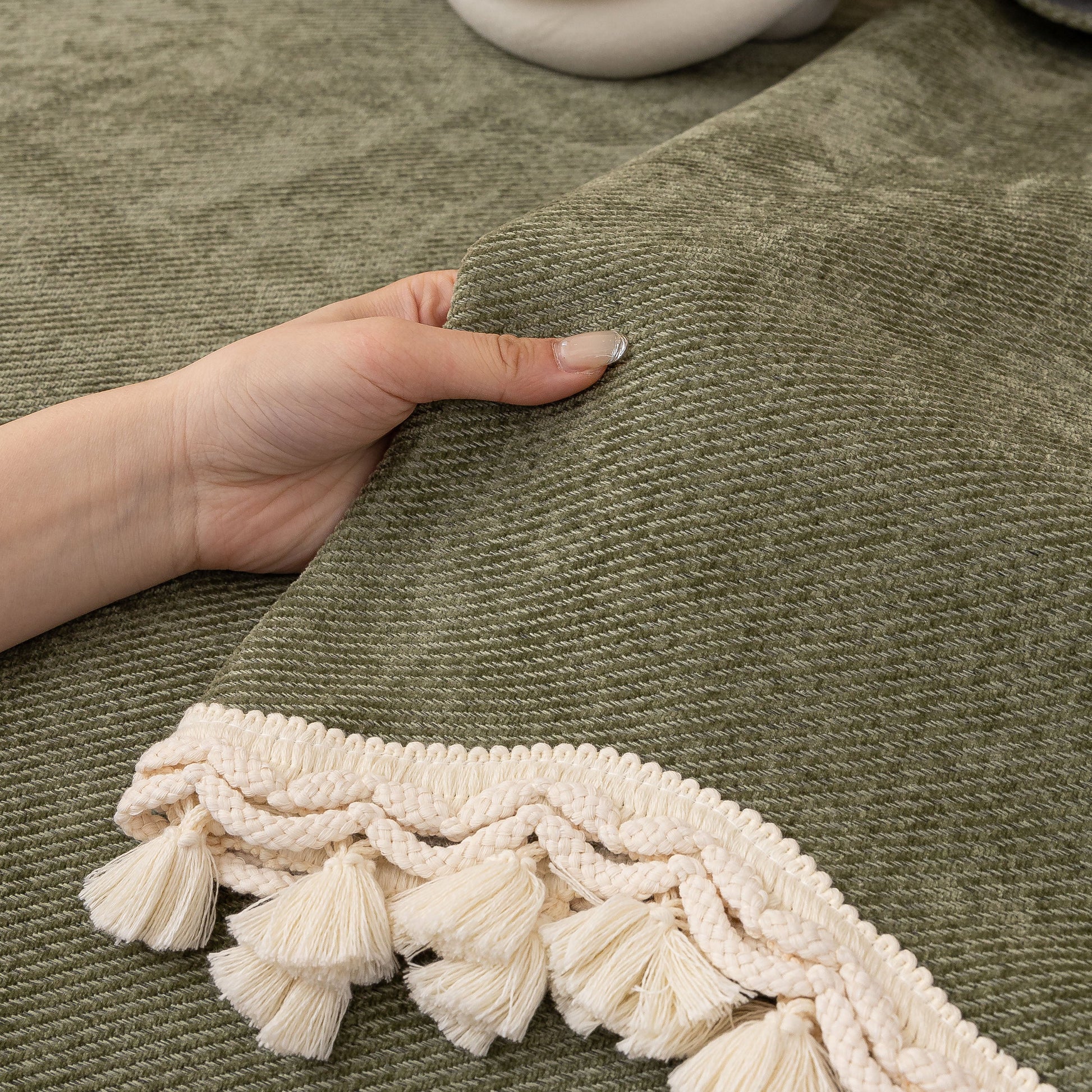 Chenille Sofa Cover Towel – Non-Slip, Washable Pets Couch Protector with Tassels in soft chenille with ivory braided trim and tassels