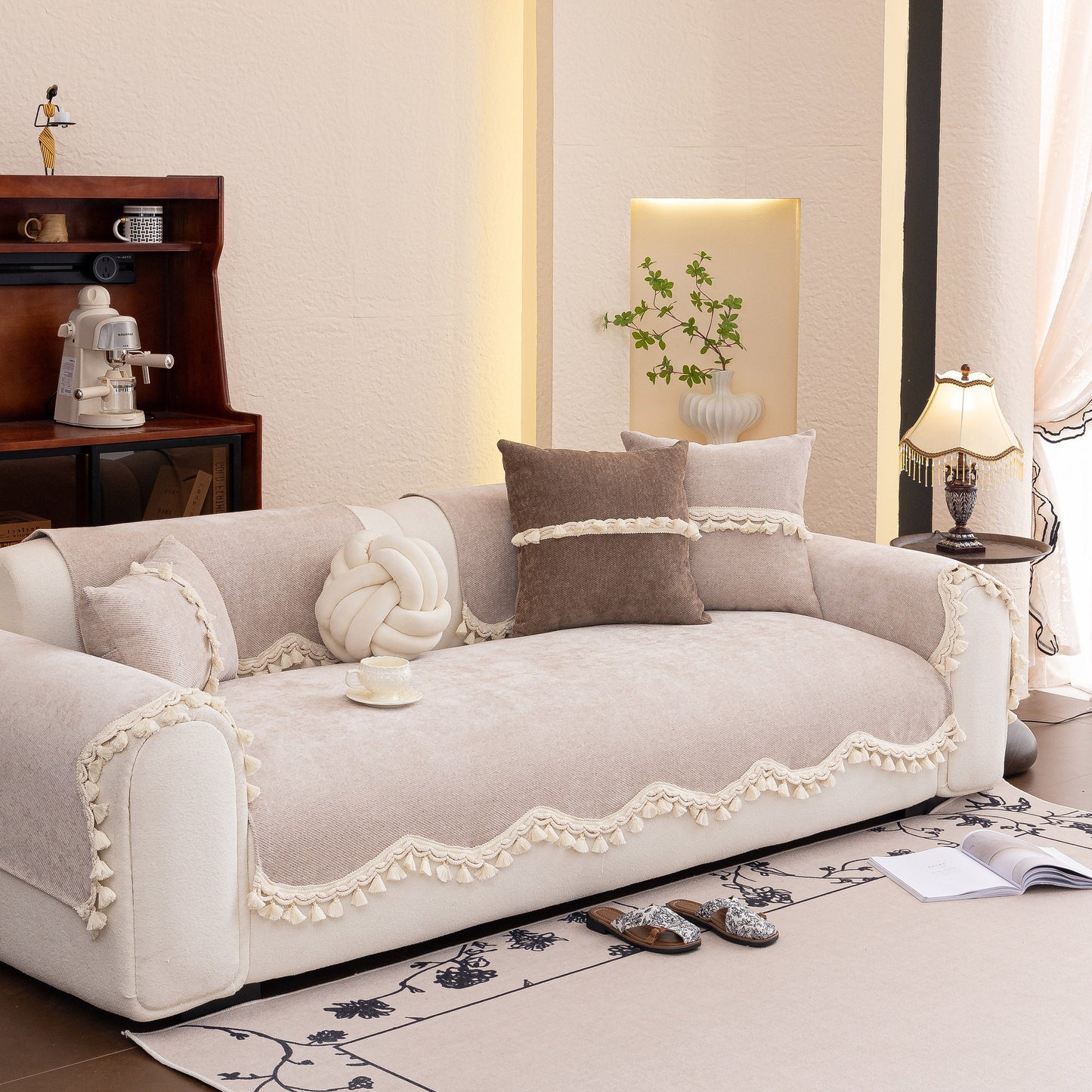 Chenille Sofa Cover Towel – Non-Slip, Washable Pets Couch Protector with Tassels on cream sofa in elegant living room
