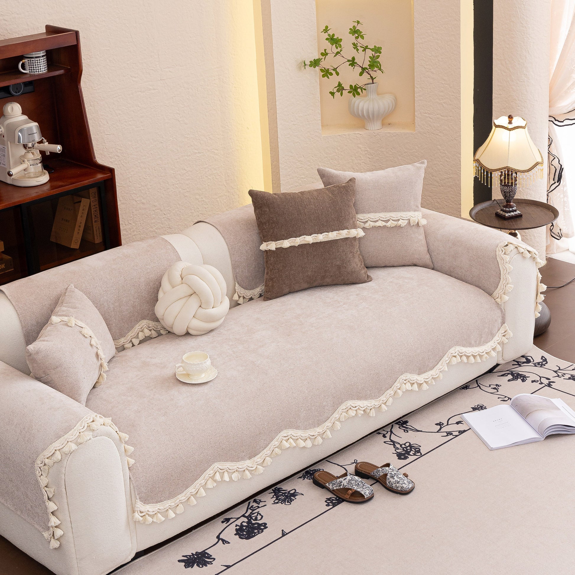 Chenille Sofa Cover Towel – Non-Slip, Washable Pets Couch Protector with Tassels on beige couch, elegant home decor