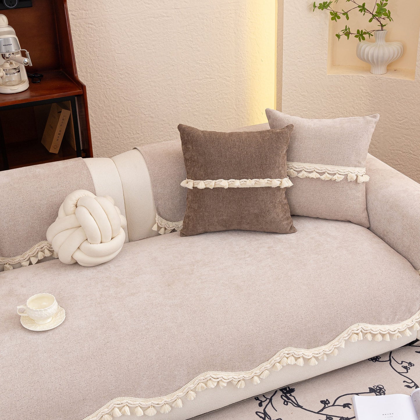 Chenille Sofa Cover Towel – Non-Slip, Washable Pets Couch Protector with Tassels on beige sofa with decorative pillows and tassels