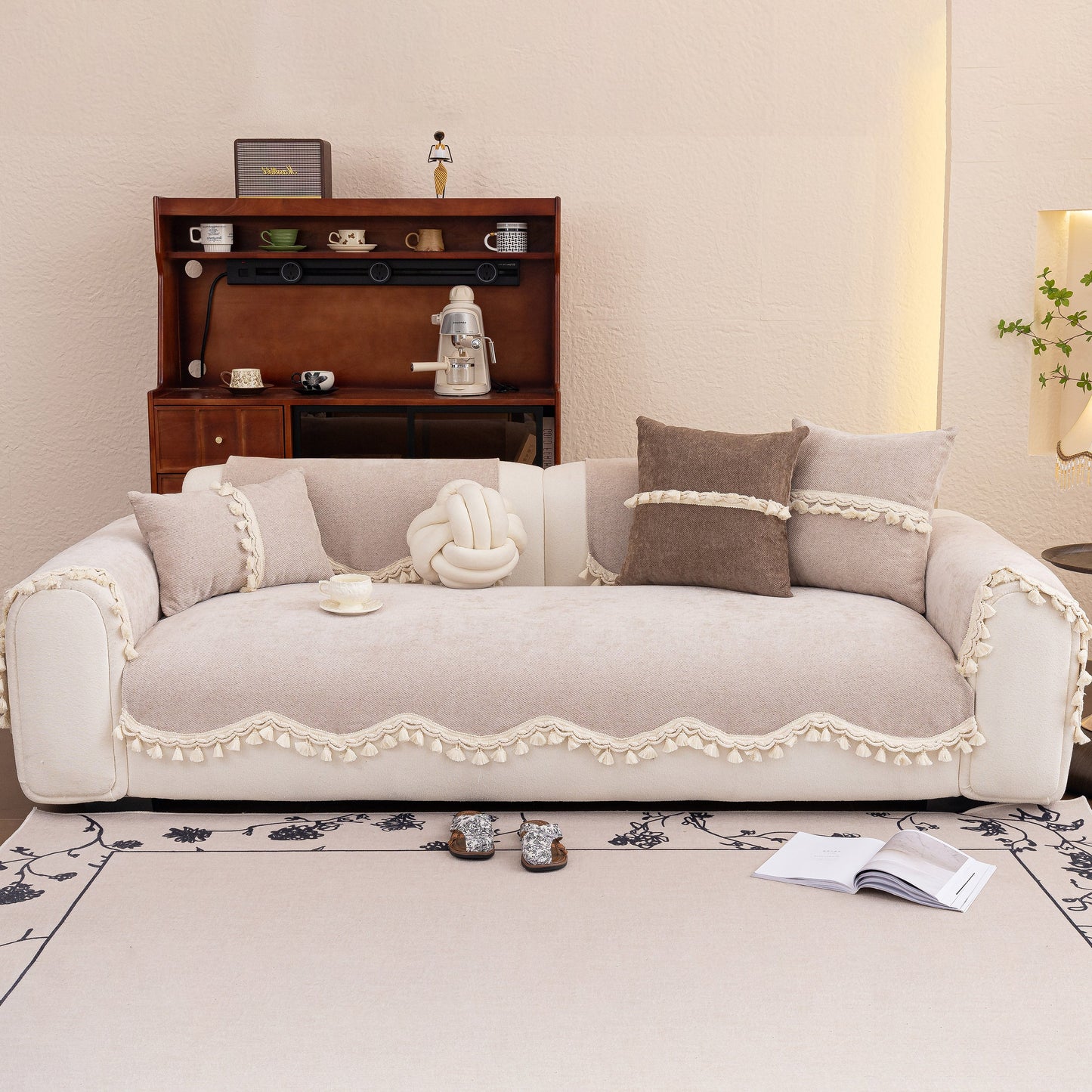 Chenille Sofa Cover Towel – Non-Slip, Washable Pets Couch Protector with Tassels on beige couch