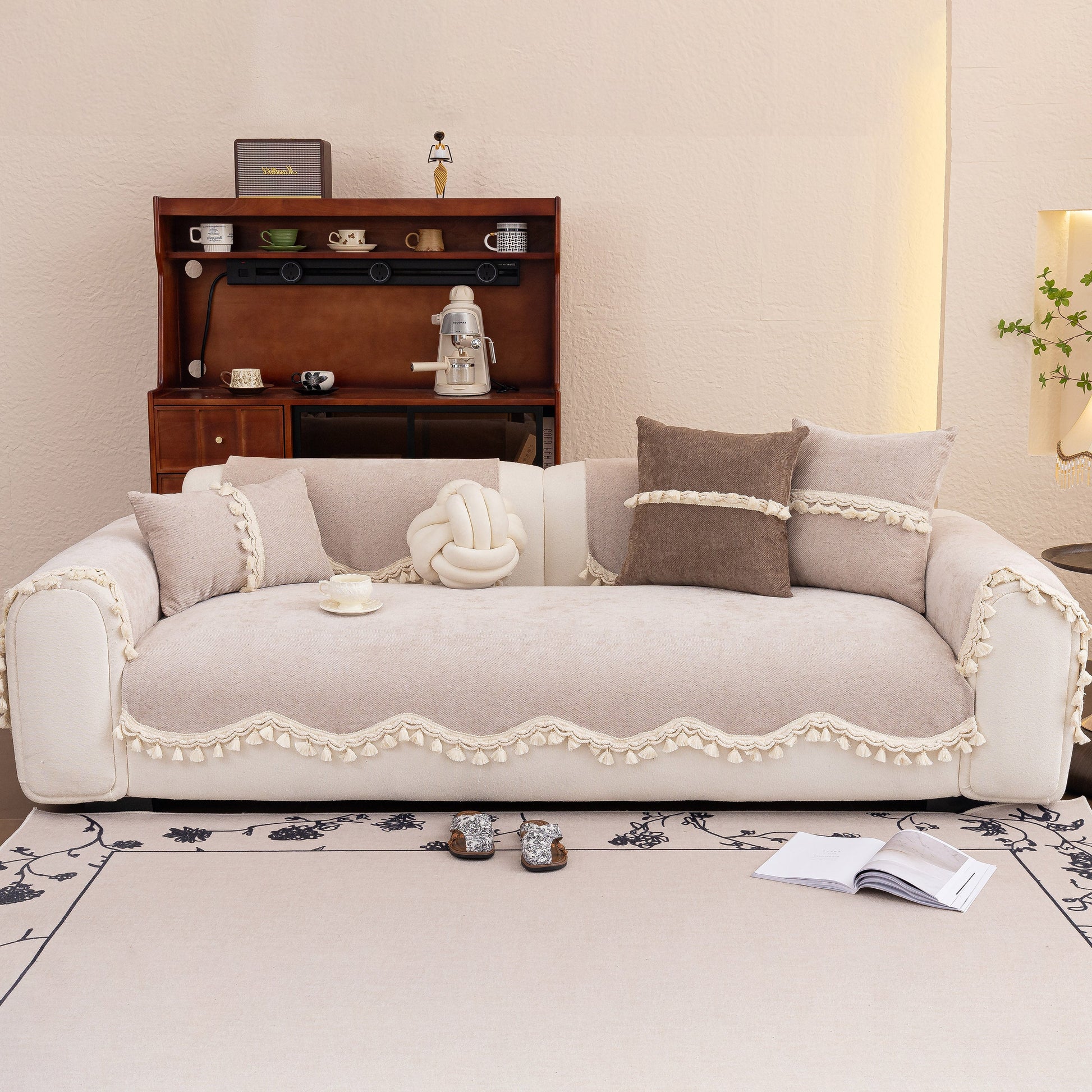 Chenille Sofa Cover Towel – Non-Slip, Washable Pets Couch Protector with Tassels on beige couch