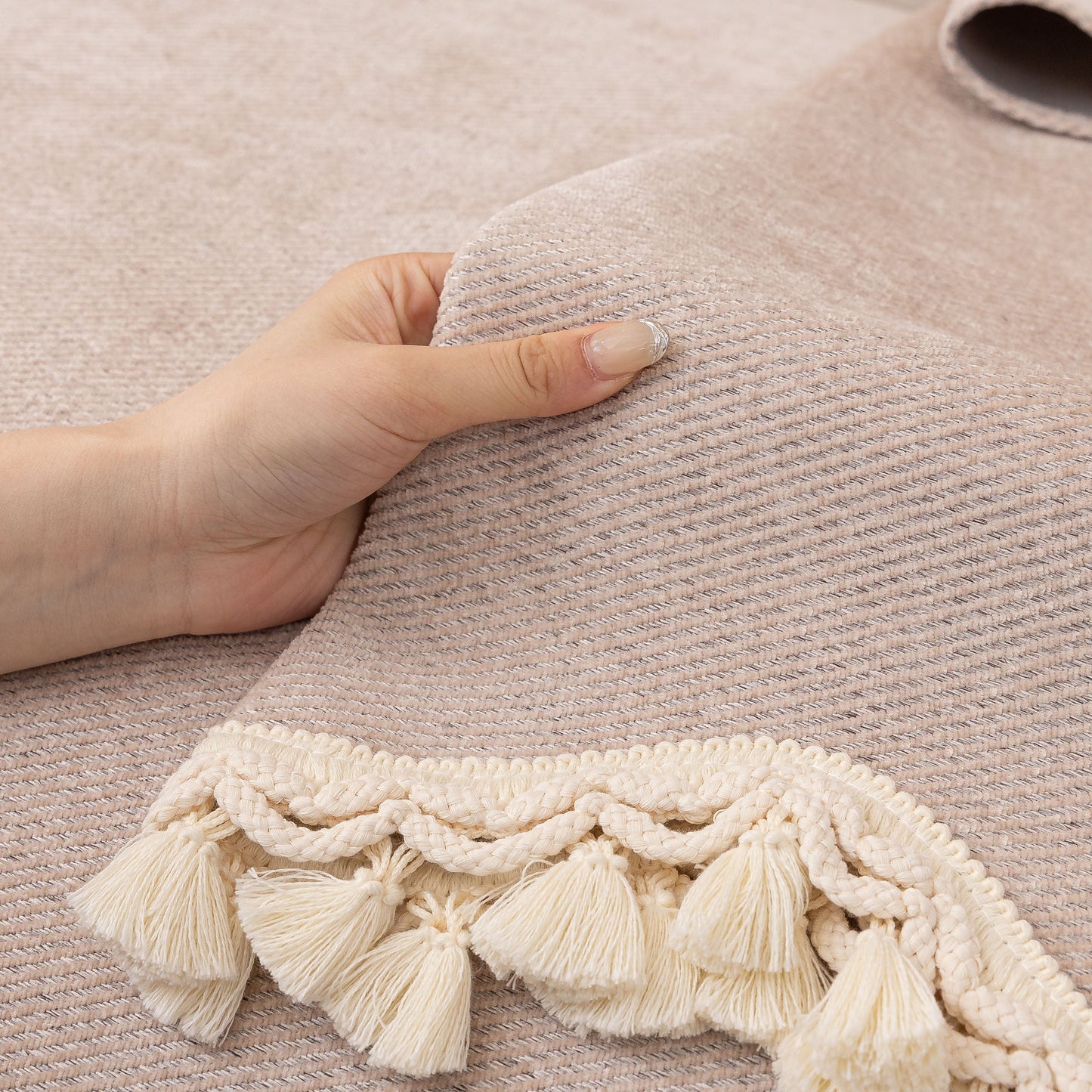 Chenille Sofa Cover Towel – Non-Slip, Washable Pets Couch Protector with Tassels in soft fabric with ivory braided trim and tassels.