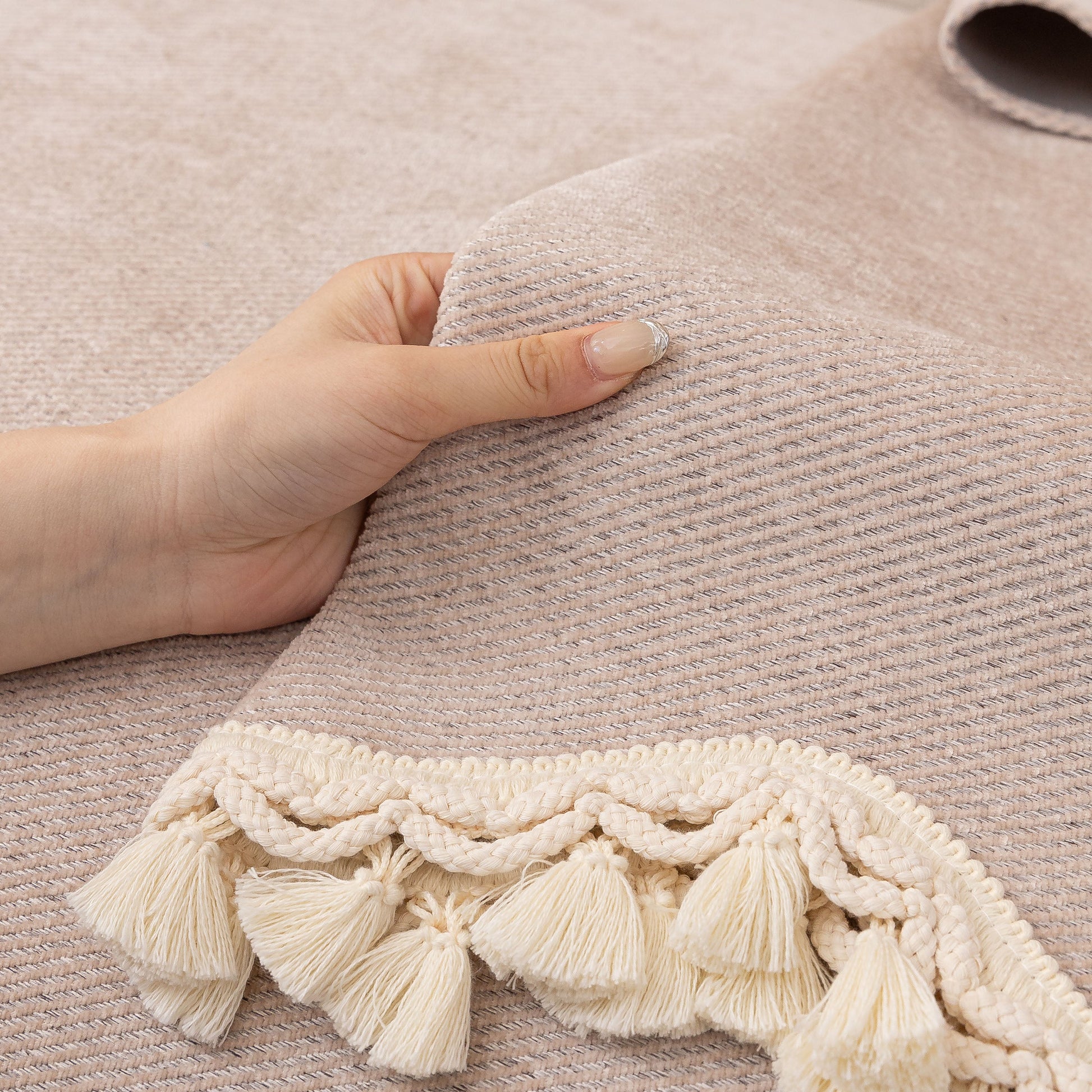 Chenille Sofa Cover Towel – Non-Slip, Washable Pets Couch Protector with Tassels in soft fabric with ivory braided trim and tassels.