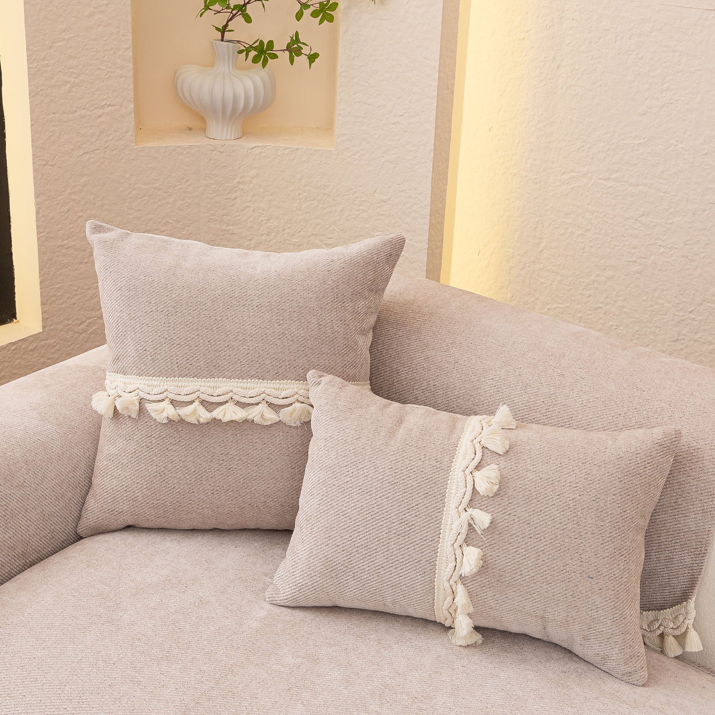Chenille Sofa Cover Towel – Non-Slip, Washable Pets Couch Protector with Tassels on modern sofa with decorative pillows