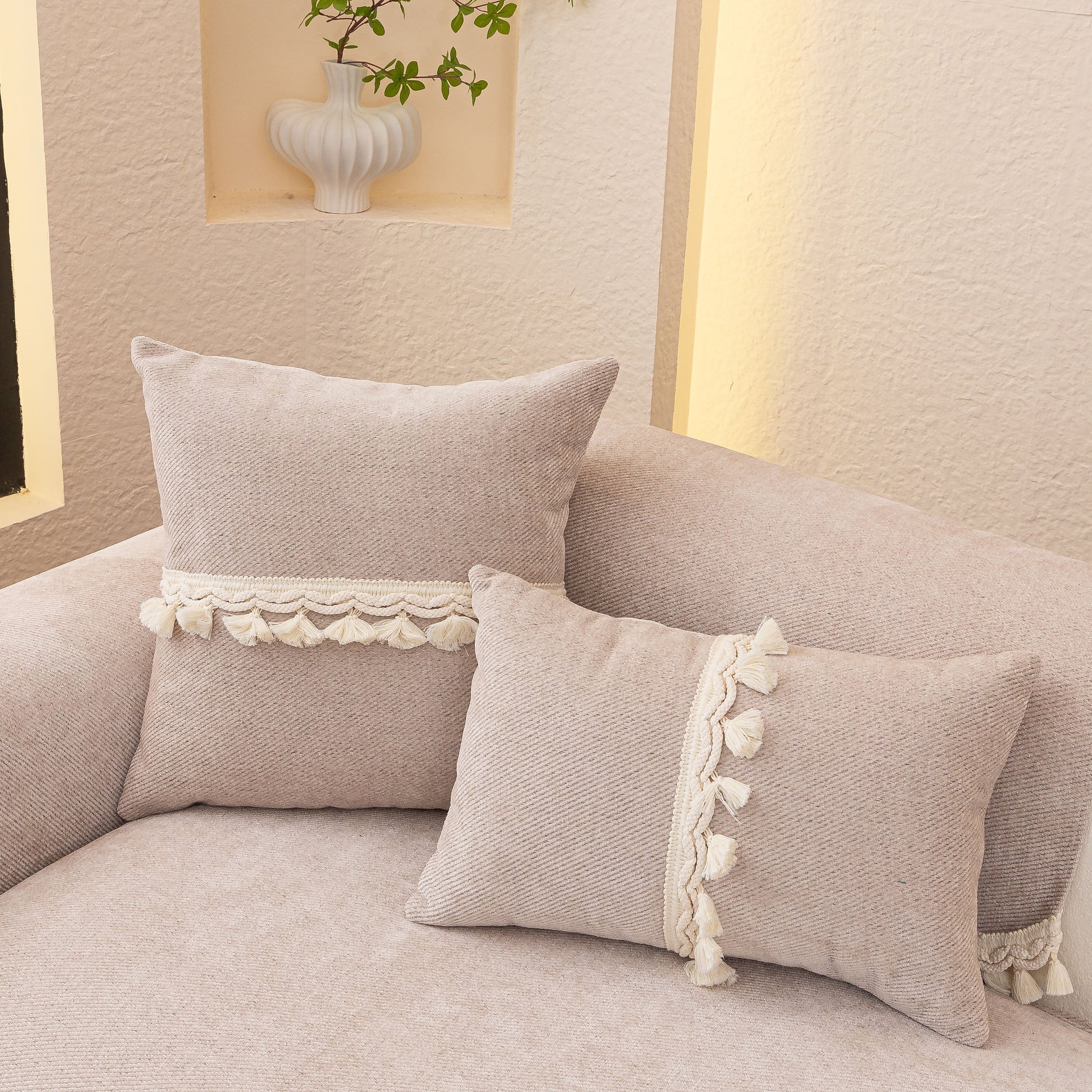Chenille Sofa Cover Towel – Non-Slip, Washable Pets Couch Protector with Tassels on modern sofa with decorative pillows