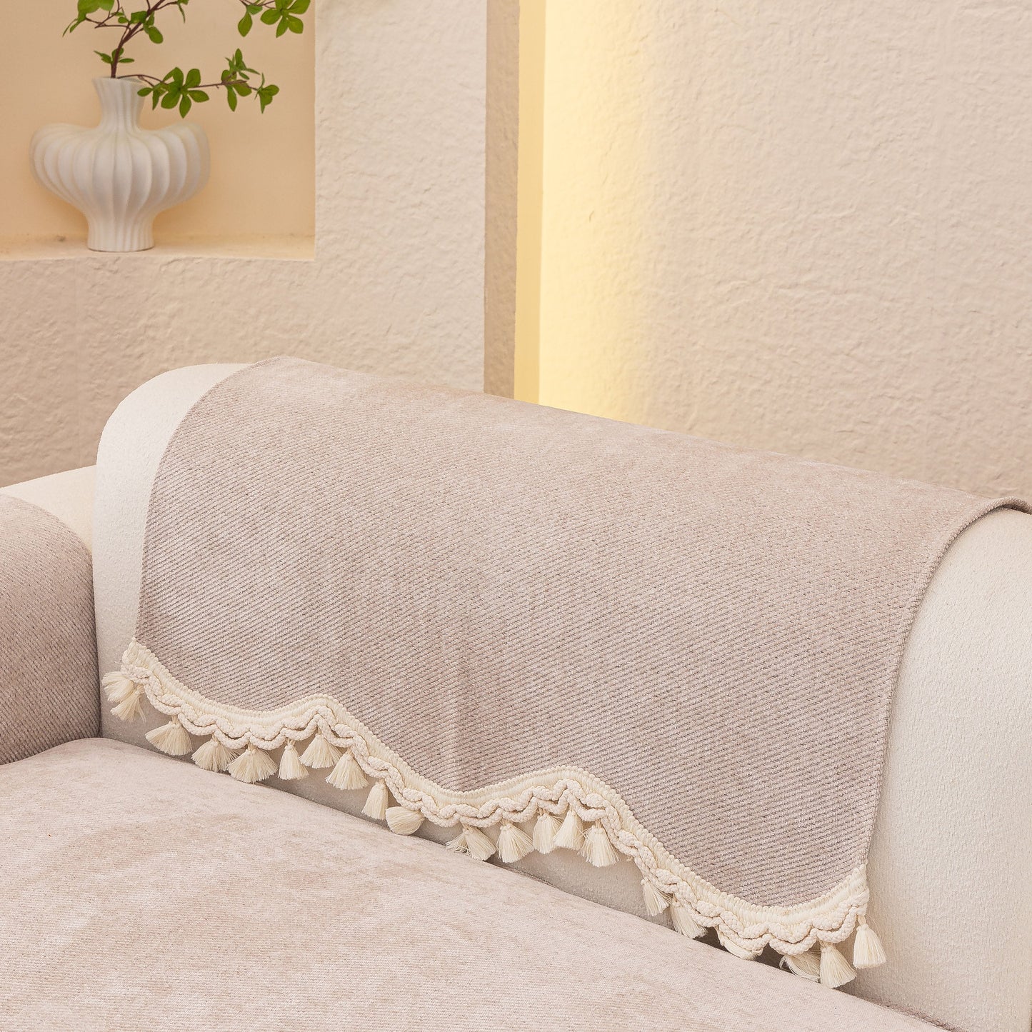 Chenille Sofa Cover Towel – Non-Slip, Washable Pets Couch Protector with Tassels on beige couch with tassel decor