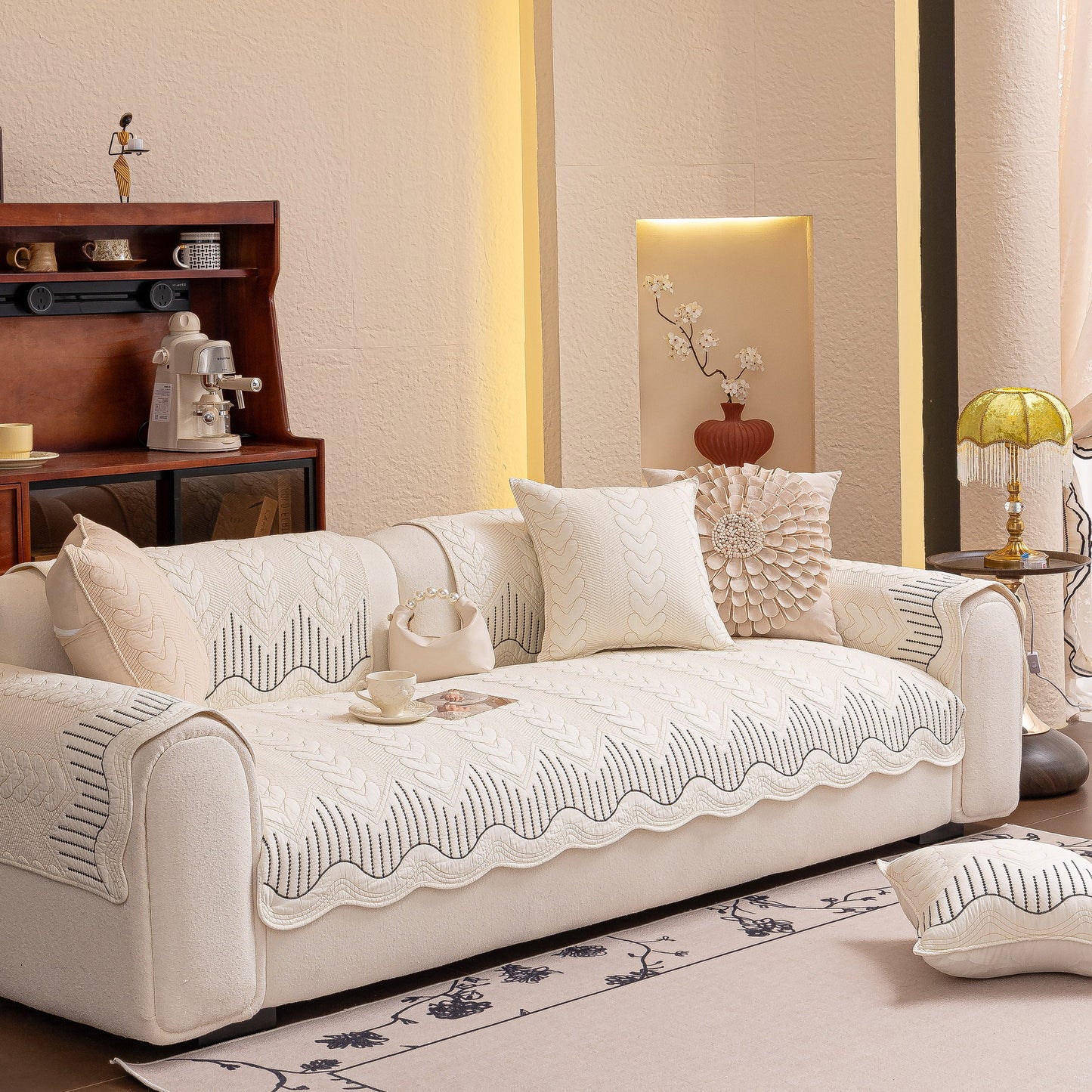 Elegant living room with 3D Quilted Thick Cotton Sofa Cover Non-Slip Couch Throw for Fabric & Leather Sofas on white couch