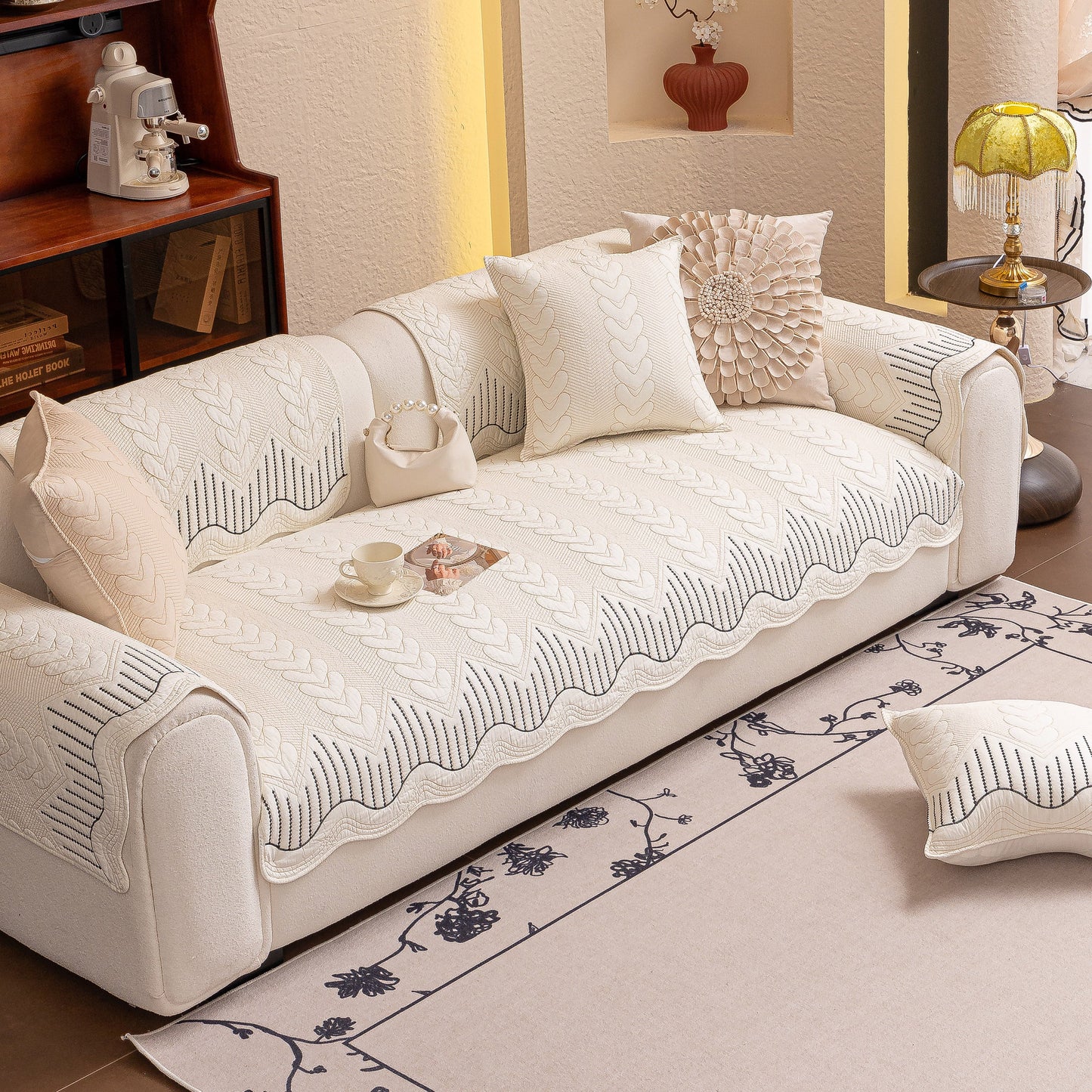 3D Quilted Thick Cotton Sofa Cover Non-Slip Couch Throw for Fabric & Leather Sofas in a cozy living room setup.