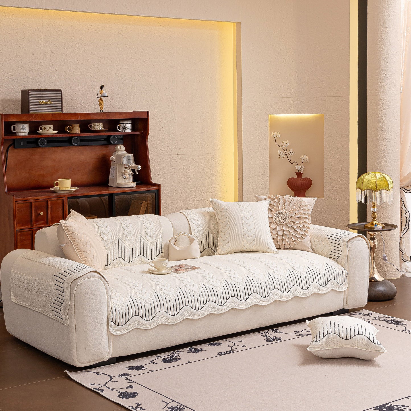 Comfortable living room with 3D Quilted Thick Cotton Sofa Cover Non-Slip Couch Throw for Fabric & Leather Sofas, elegant design.