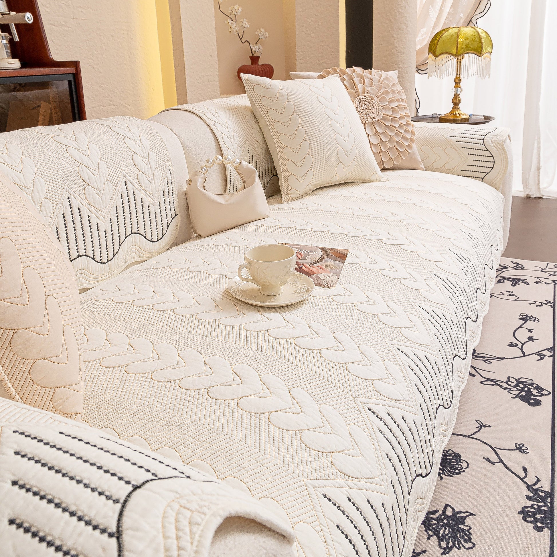 3D Quilted Thick Cotton Sofa Cover Non-Slip Couch Throw for Fabric & Leather Sofas in living room setting