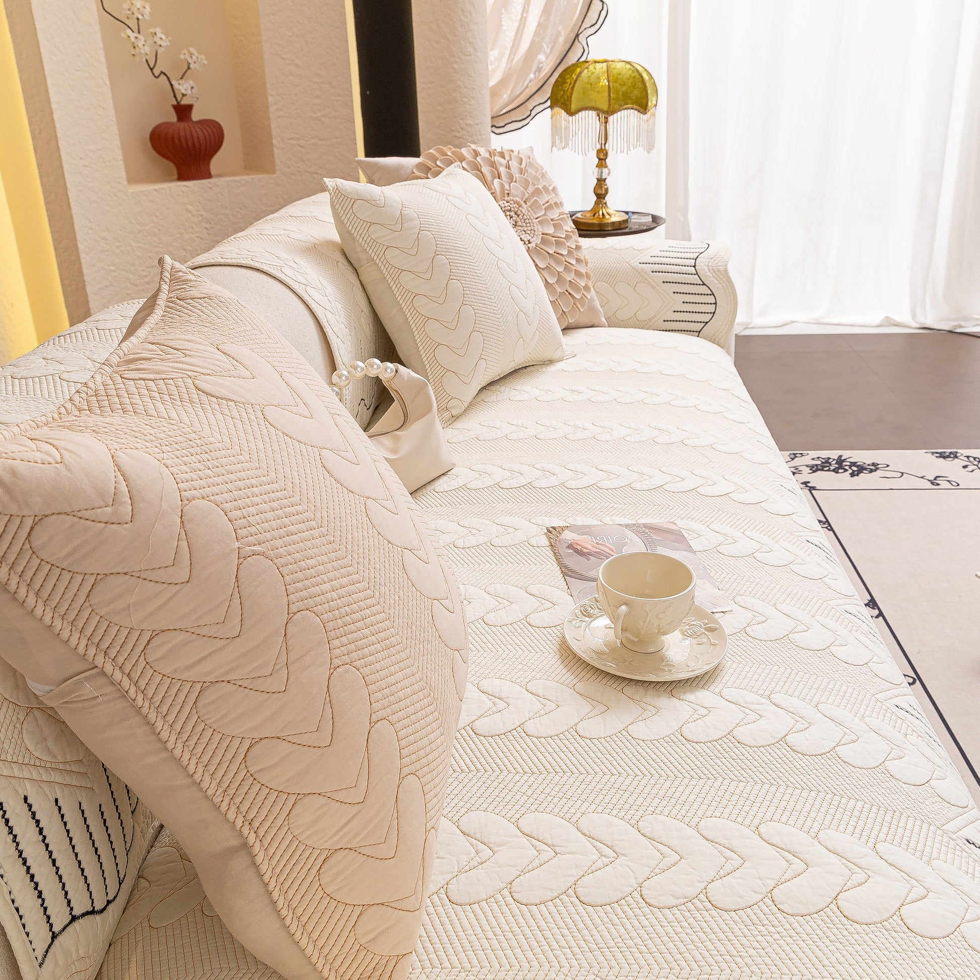 3D Quilted Thick Cotton Sofa Cover Non-Slip Couch Throw for Fabric & Leather Sofas displayed on light-colored couch