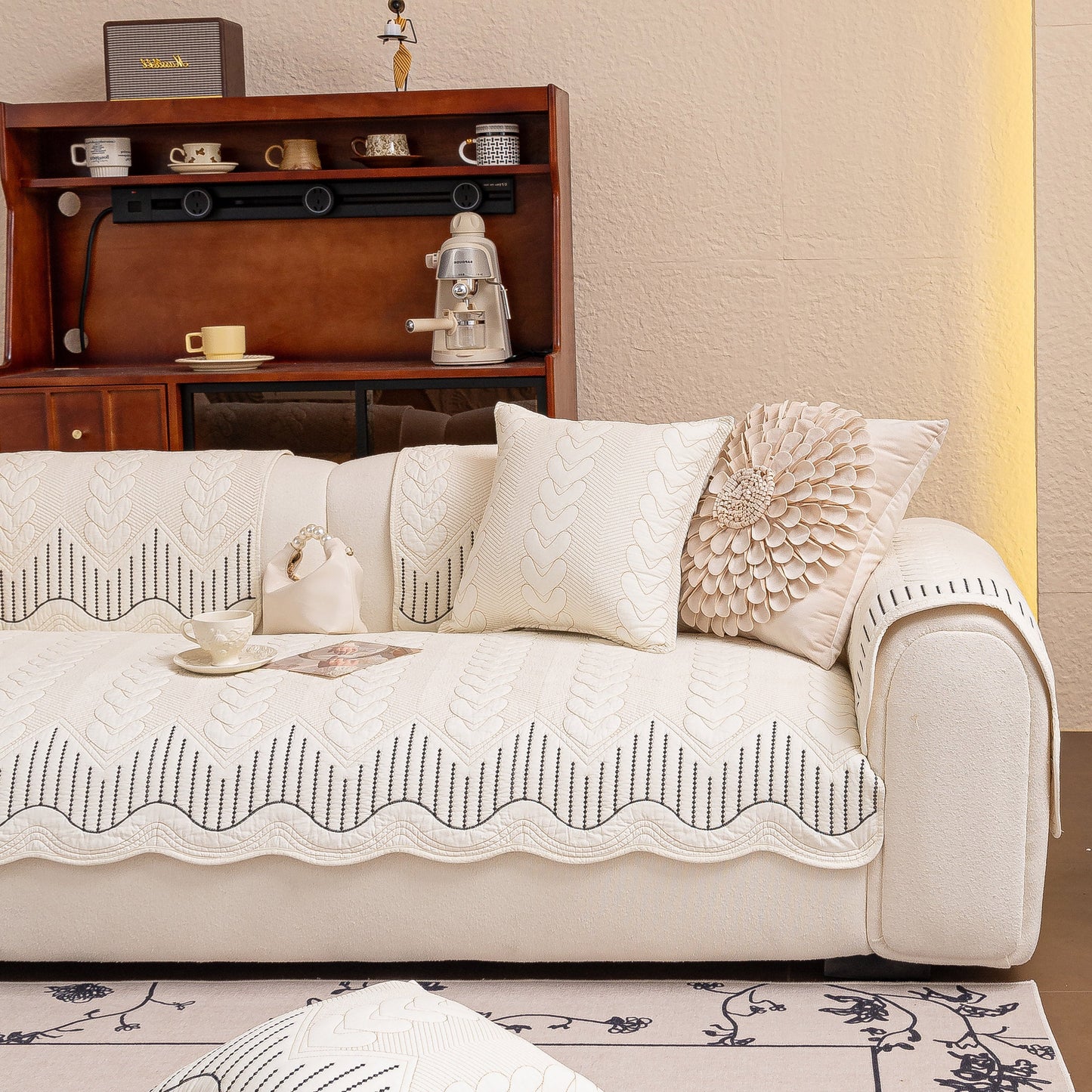 3D Quilted Thick Cotton Sofa Cover Non-Slip Couch Throw for Fabric & Leather Sofas on plush cream couch