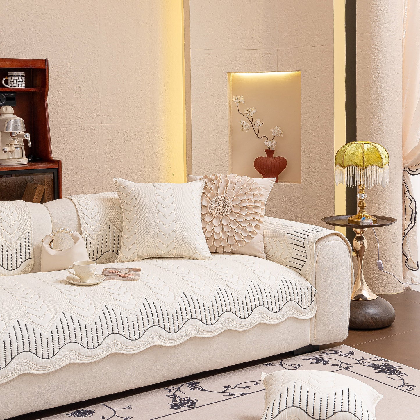 Living room featuring 3D Quilted Thick Cotton Sofa Cover Non-Slip Couch Throw for Fabric & Leather Sofas on a beige couch.