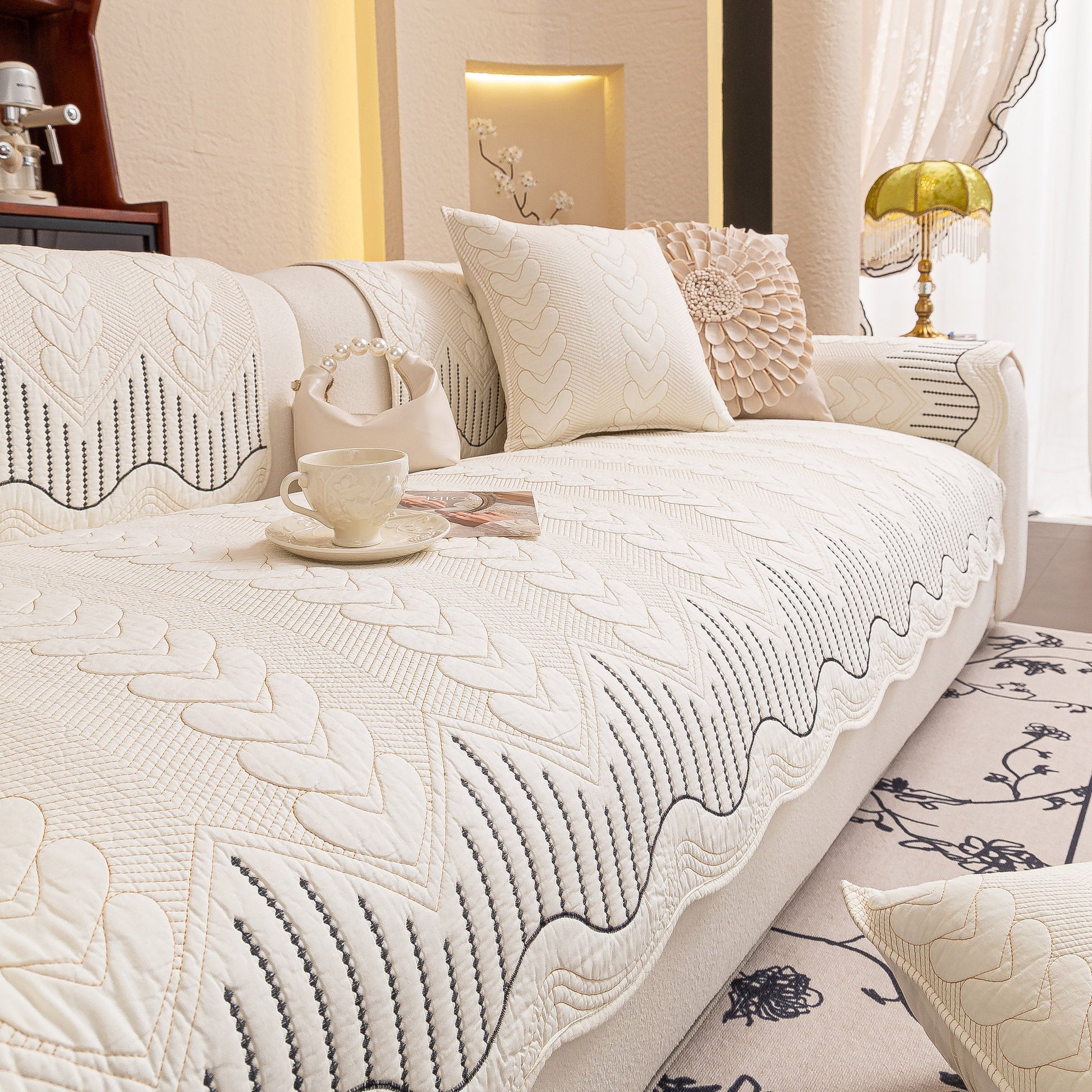 3D Quilted Thick Cotton Sofa Cover Non-Slip Couch Throw for Fabric & Leather Sofas in living room setting