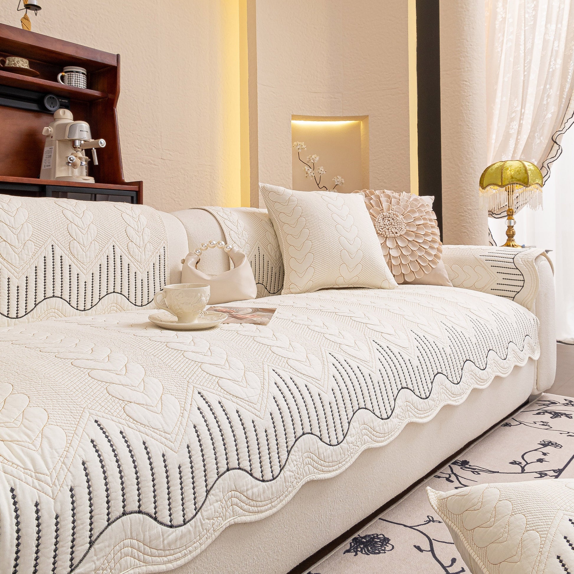 3D Quilted Thick Cotton Sofa Cover Non-Slip Couch Throw for Fabric & Leather Sofas in a cozy living room setting