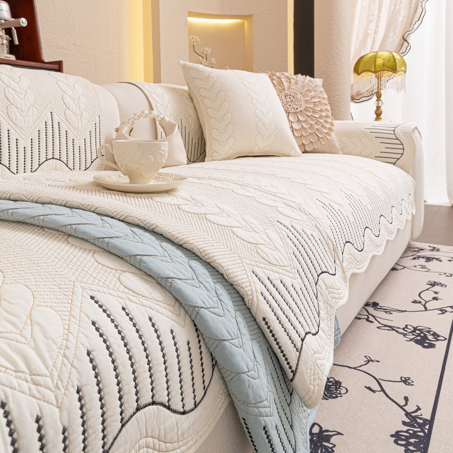 3D Quilted Thick Cotton Sofa Cover Non-Slip Couch Throw for Fabric & Leather Sofas in elegant living room setting
