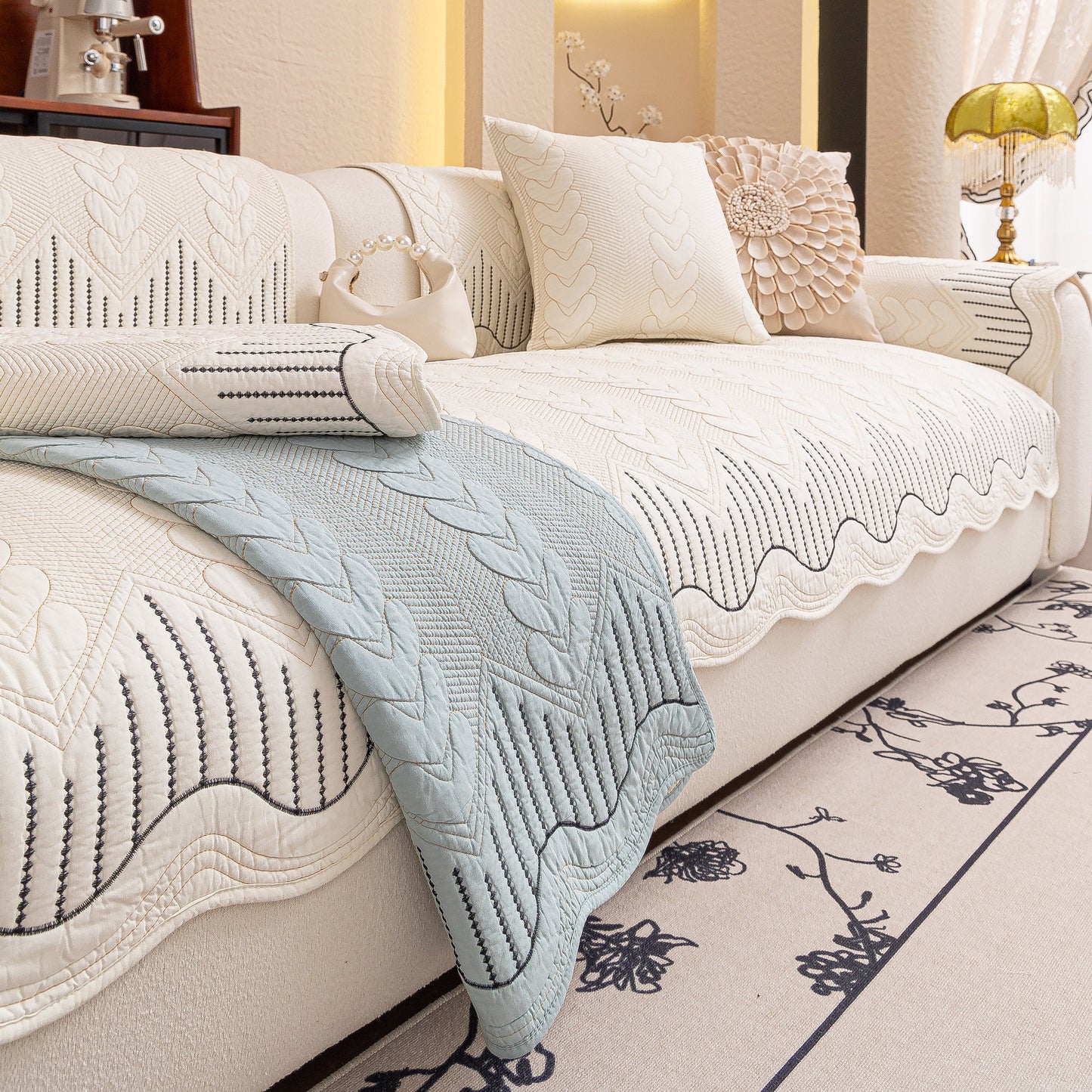 3D Quilted Thick Cotton Sofa Cover Non-Slip Couch Throw for Fabric & Leather Sofas in a cozy living room setting.