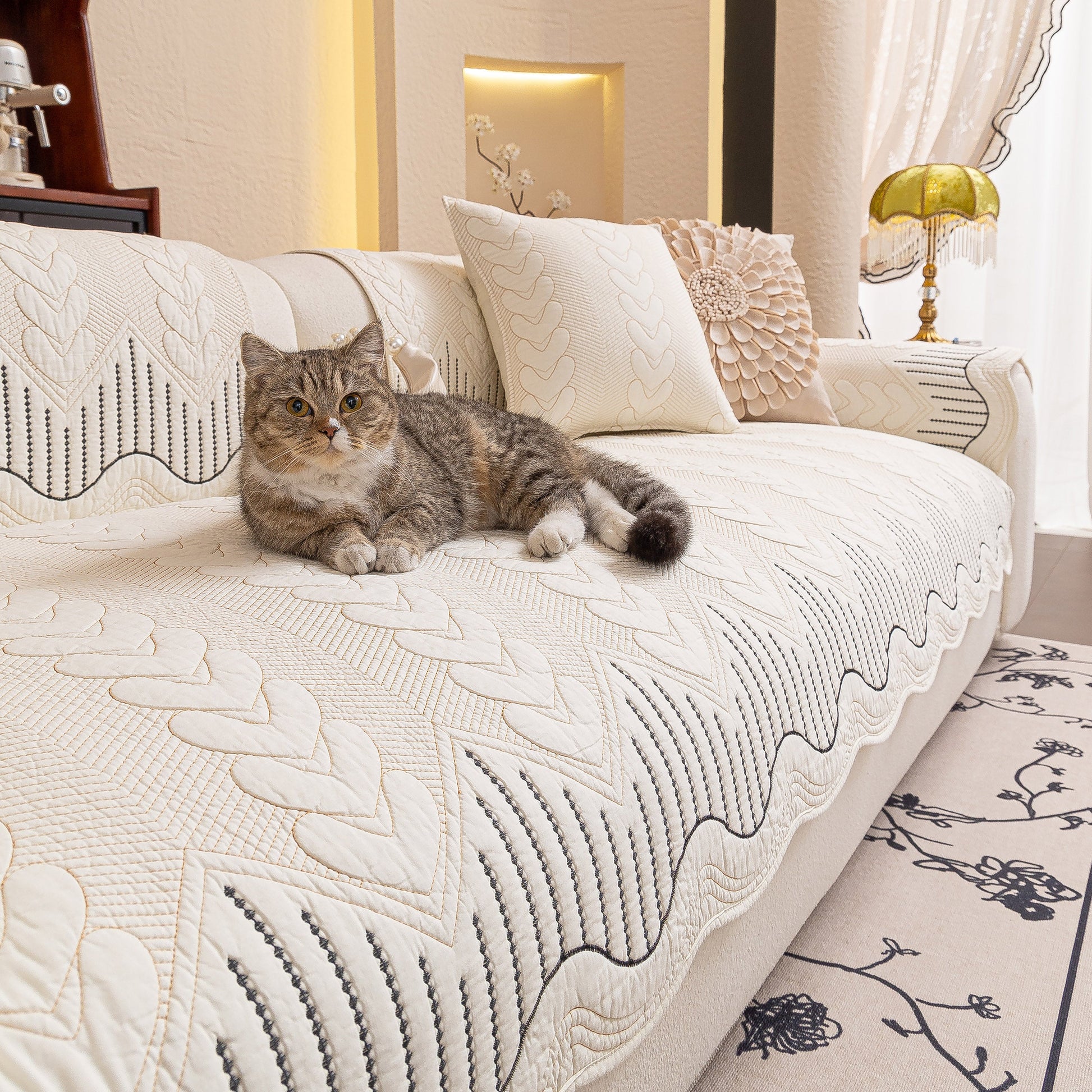 3D Quilted Thick Cotton Sofa Cover Non-Slip Couch Throw for Fabric & Leather Sofas, featuring a cat on the cover