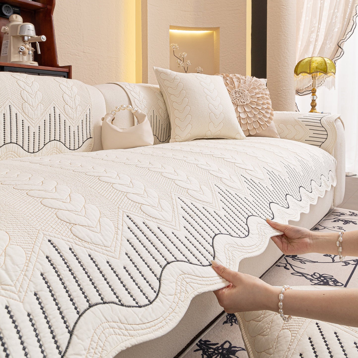 3D Quilted Thick Cotton Sofa Cover Non-Slip Couch Throw for Fabric & Leather Sofas with embossed stitching