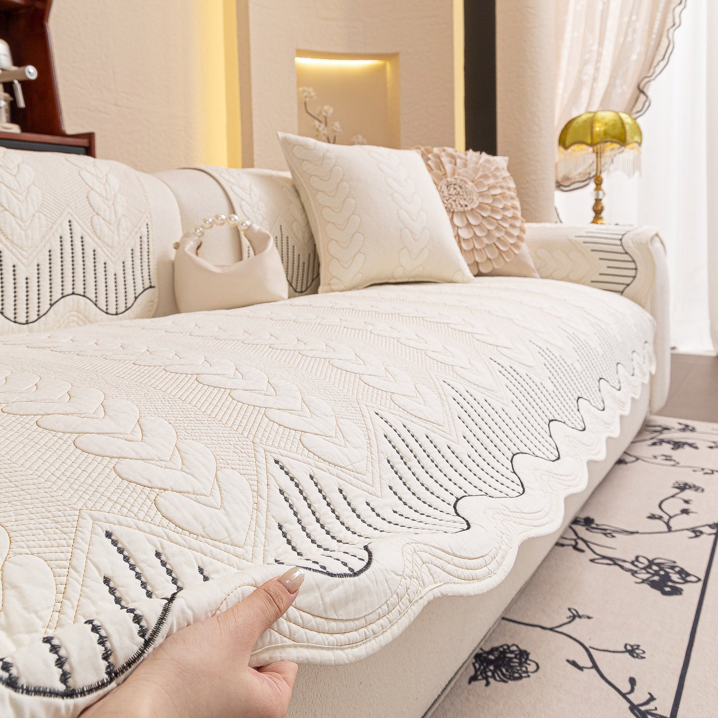 3D Quilted Thick Cotton Sofa Cover Non-Slip Couch Throw for Fabric & Leather Sofas with intricate embossed stitching.