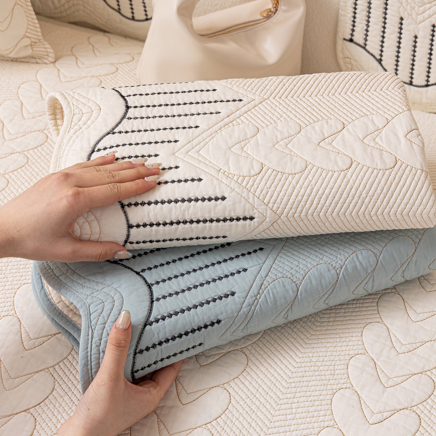 3D Quilted Thick Cotton Sofa Cover Non-Slip Couch Throw for Fabric & Leather Sofas in white and blue with intricate stitching