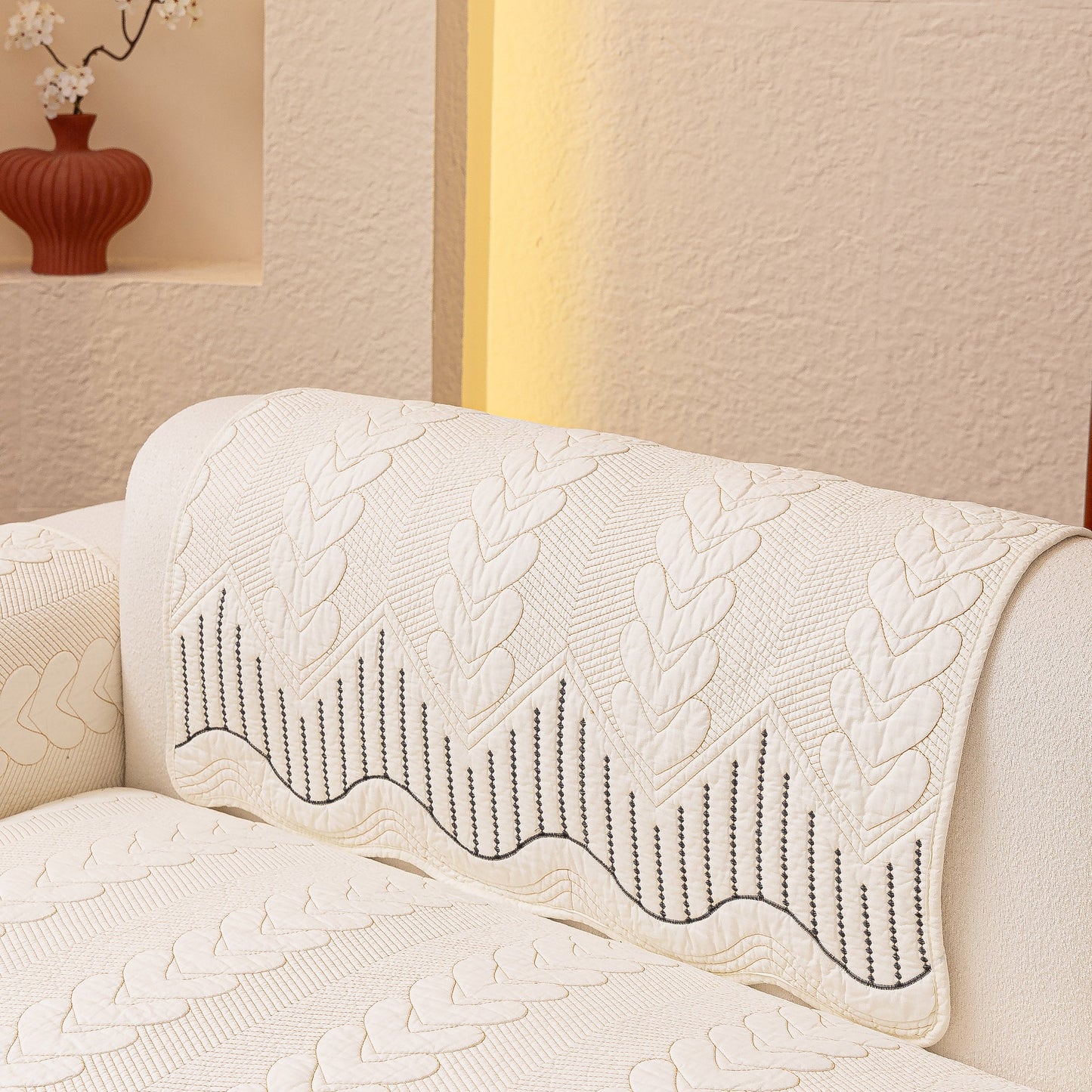 3D Quilted Thick Cotton Sofa Cover Non-Slip Couch Throw for Fabric & Leather Sofas, elegant embossed stitching pattern in white