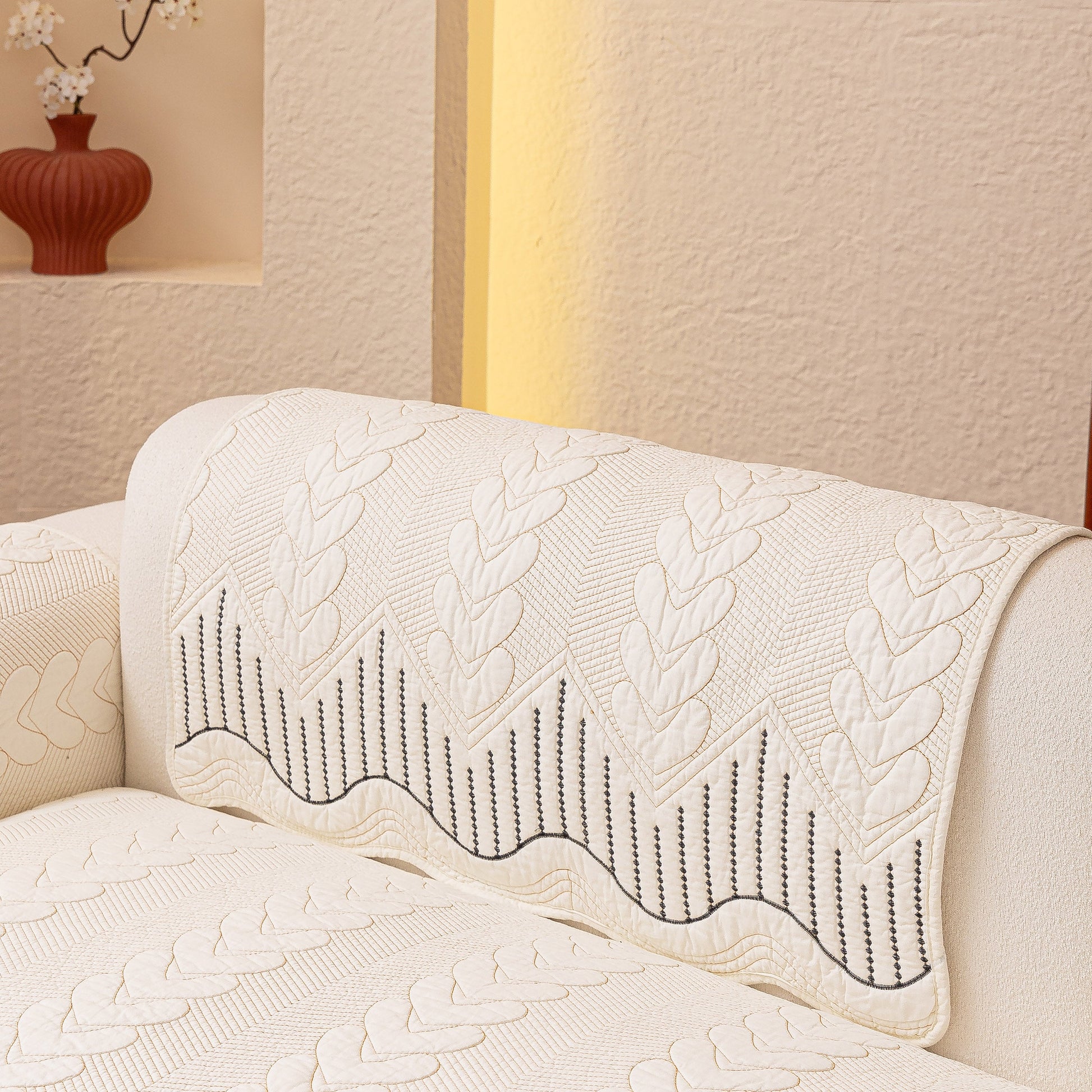 3D Quilted Thick Cotton Sofa Cover Non-Slip Couch Throw for Fabric & Leather Sofas, elegant embossed stitching pattern in white