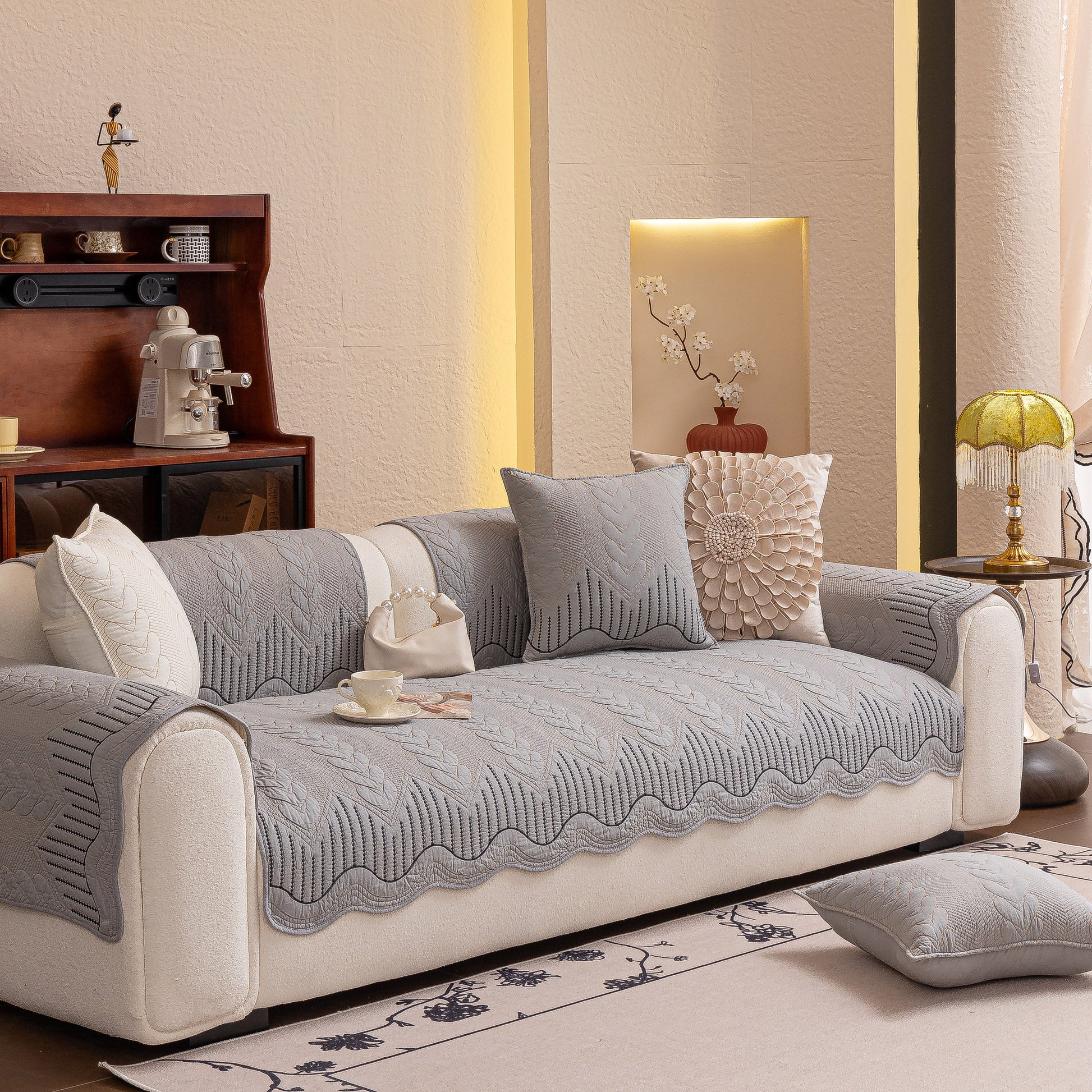 3D Quilted Thick Cotton Sofa Cover Non-Slip Couch Throw for Fabric & Leather Sofas in a cozy living room setting.
