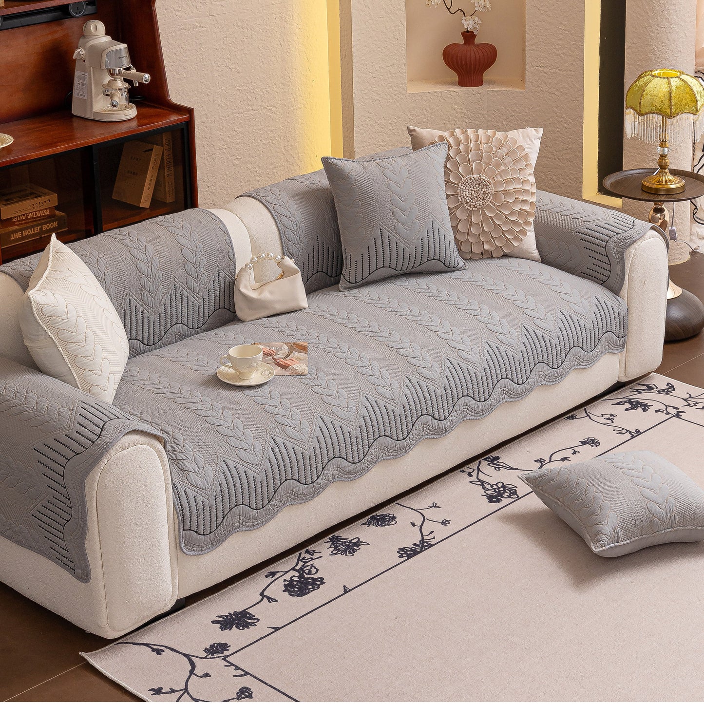 3D Quilted Thick Cotton Sofa Cover Non-Slip Couch Throw for Fabric & Leather Sofas in a living room setting