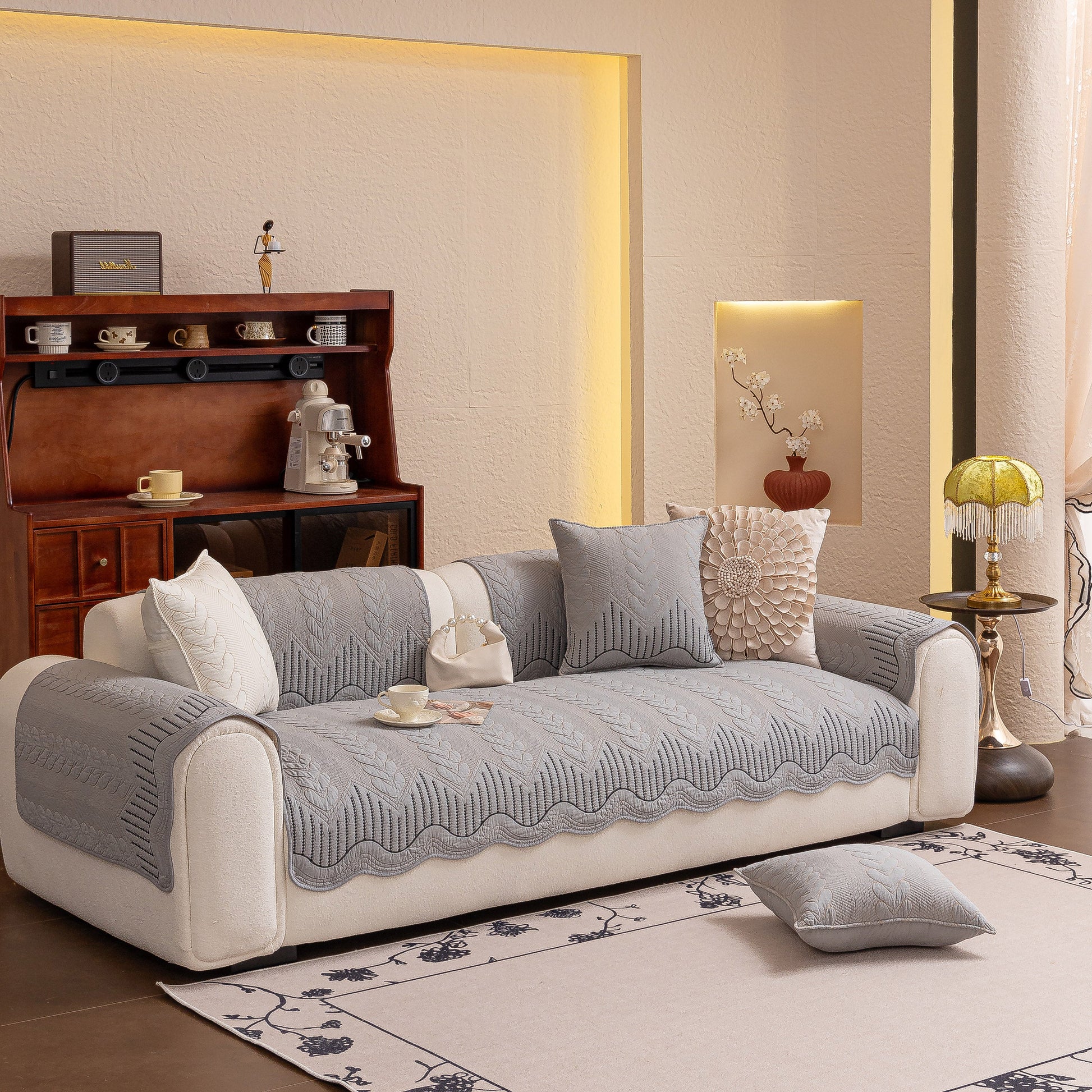 3D Quilted Thick Cotton Sofa Cover Non-Slip Couch Throw for Fabric & Leather Sofas in a stylish living room setting