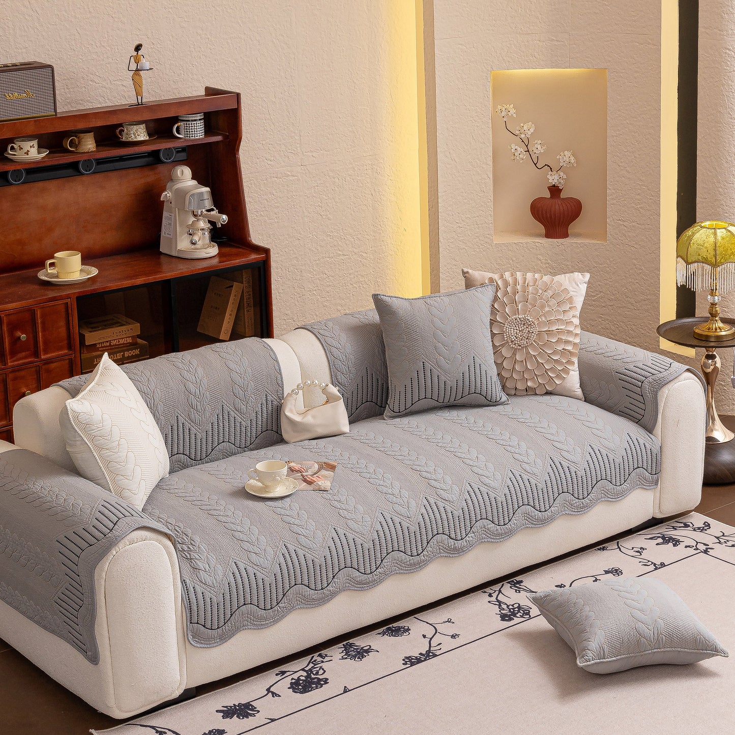 3D Quilted Thick Cotton Sofa Cover Non-Slip Couch Throw for Fabric & Leather Sofas in elegant living room setup