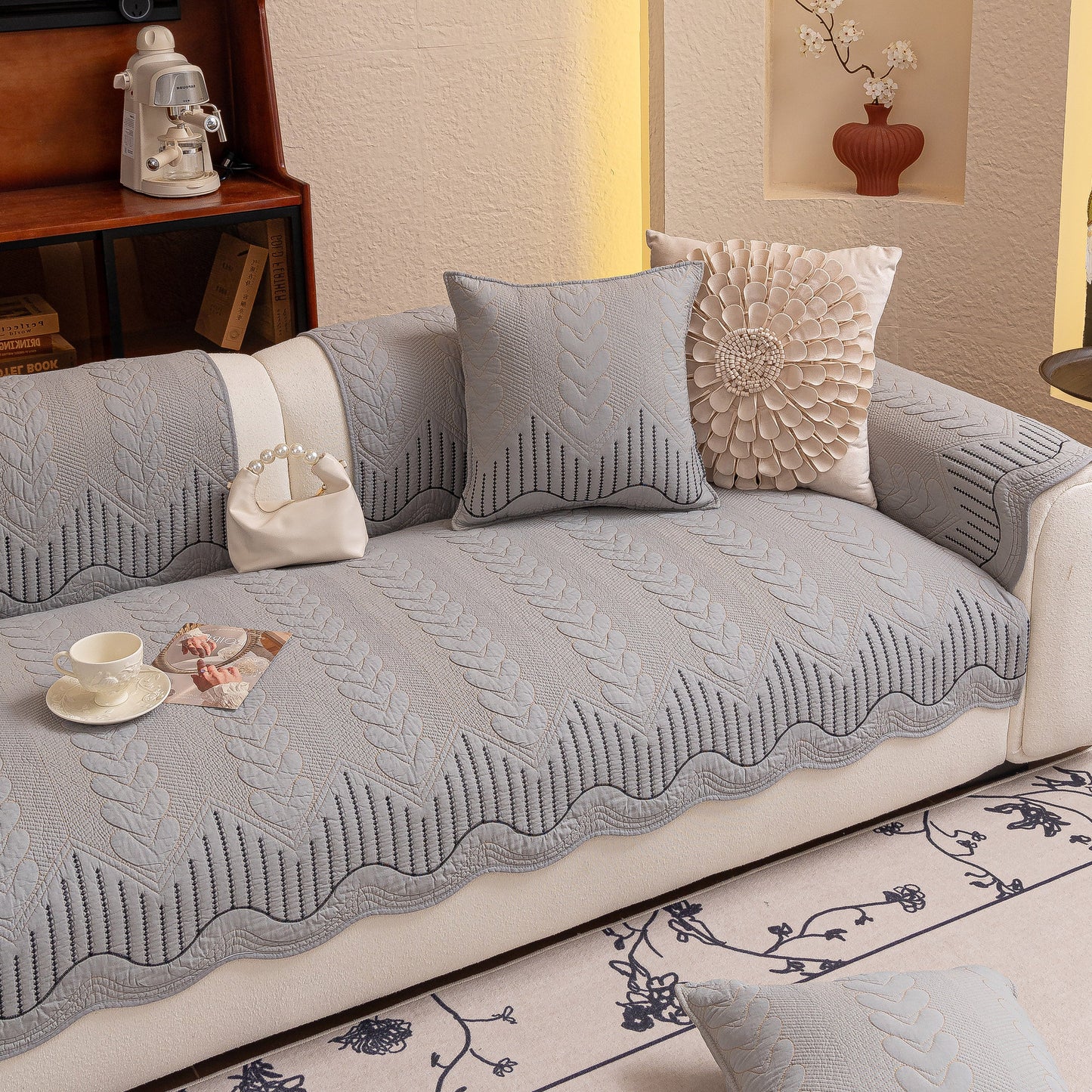 3D Quilted Thick Cotton Sofa Cover Non-Slip Couch Throw for Fabric & Leather Sofas on living room couch