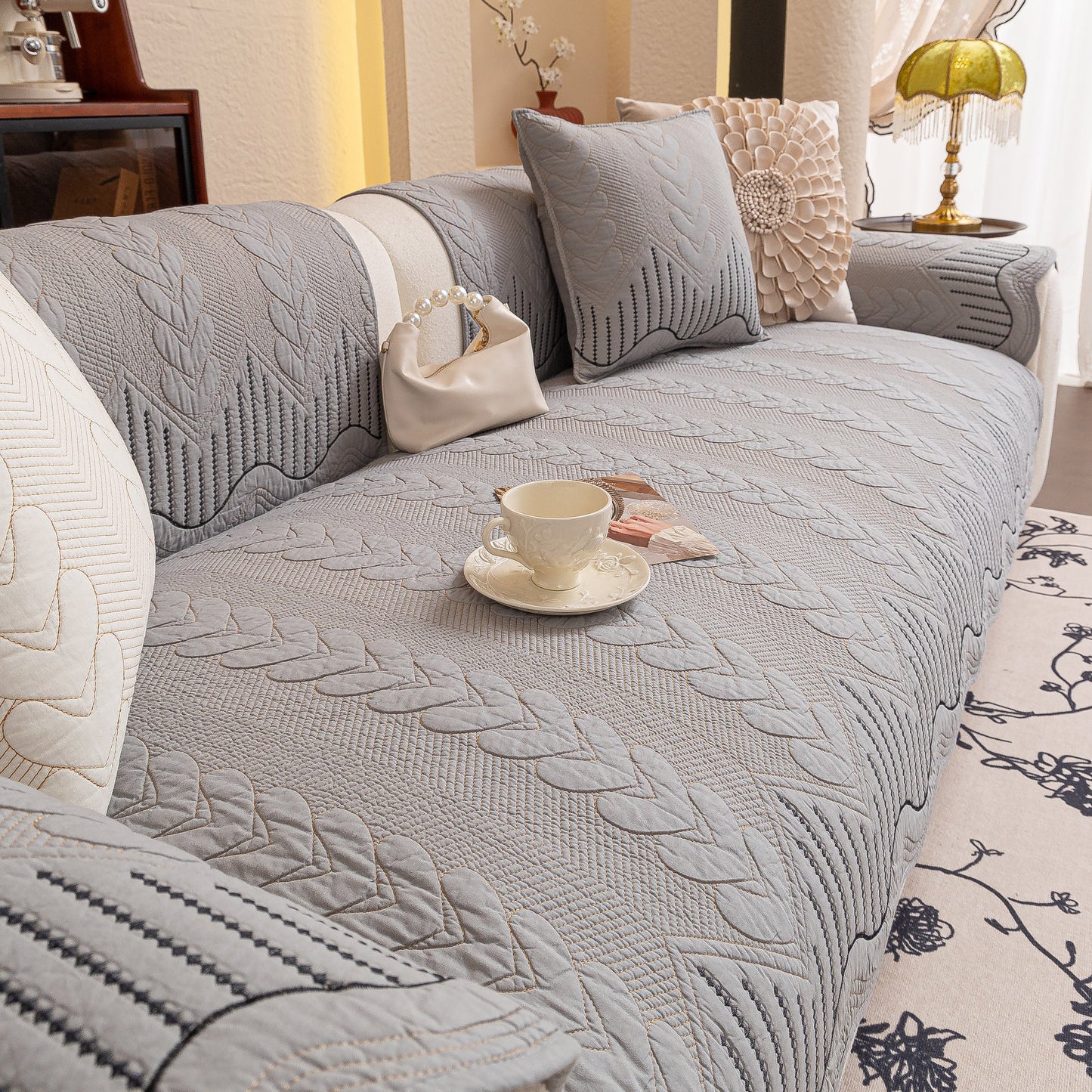 3D Quilted Thick Cotton Sofa Cover Non-Slip Couch Throw for Fabric & Leather Sofas in stylish living room setting
