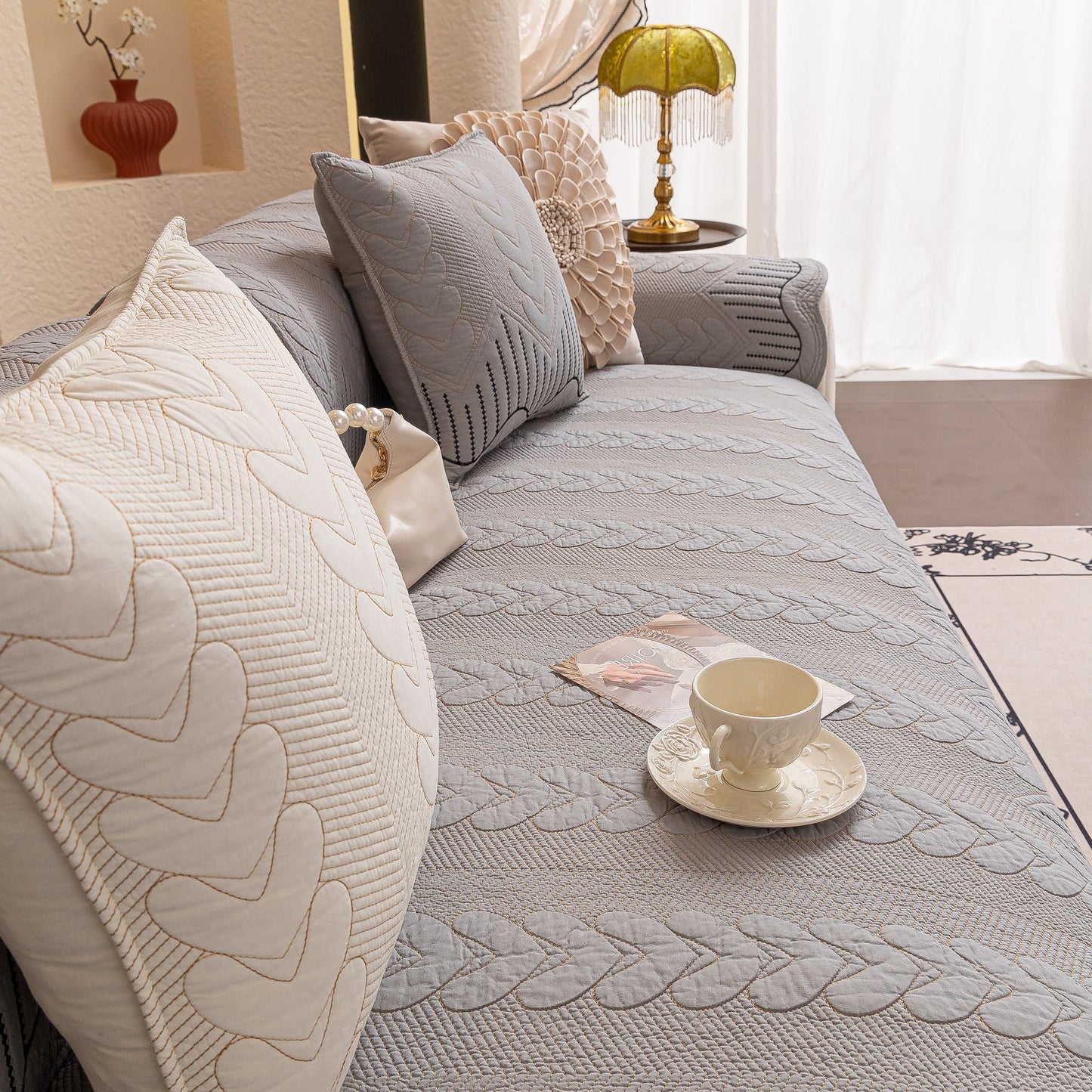 3D Quilted Thick Cotton Sofa Cover Non-Slip Couch Throw for Fabric & Leather Sofas in a living room setting.