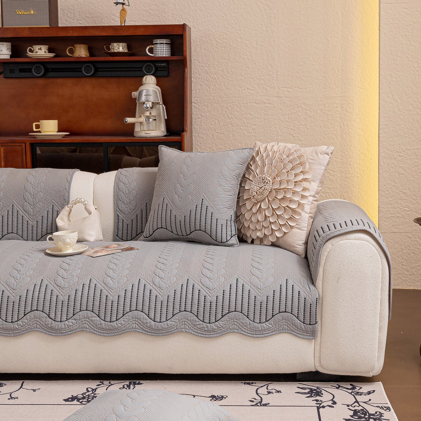 3D Quilted Thick Cotton Sofa Cover Non-Slip Couch Throw for Fabric & Leather Sofas in a living room setting, grey color
